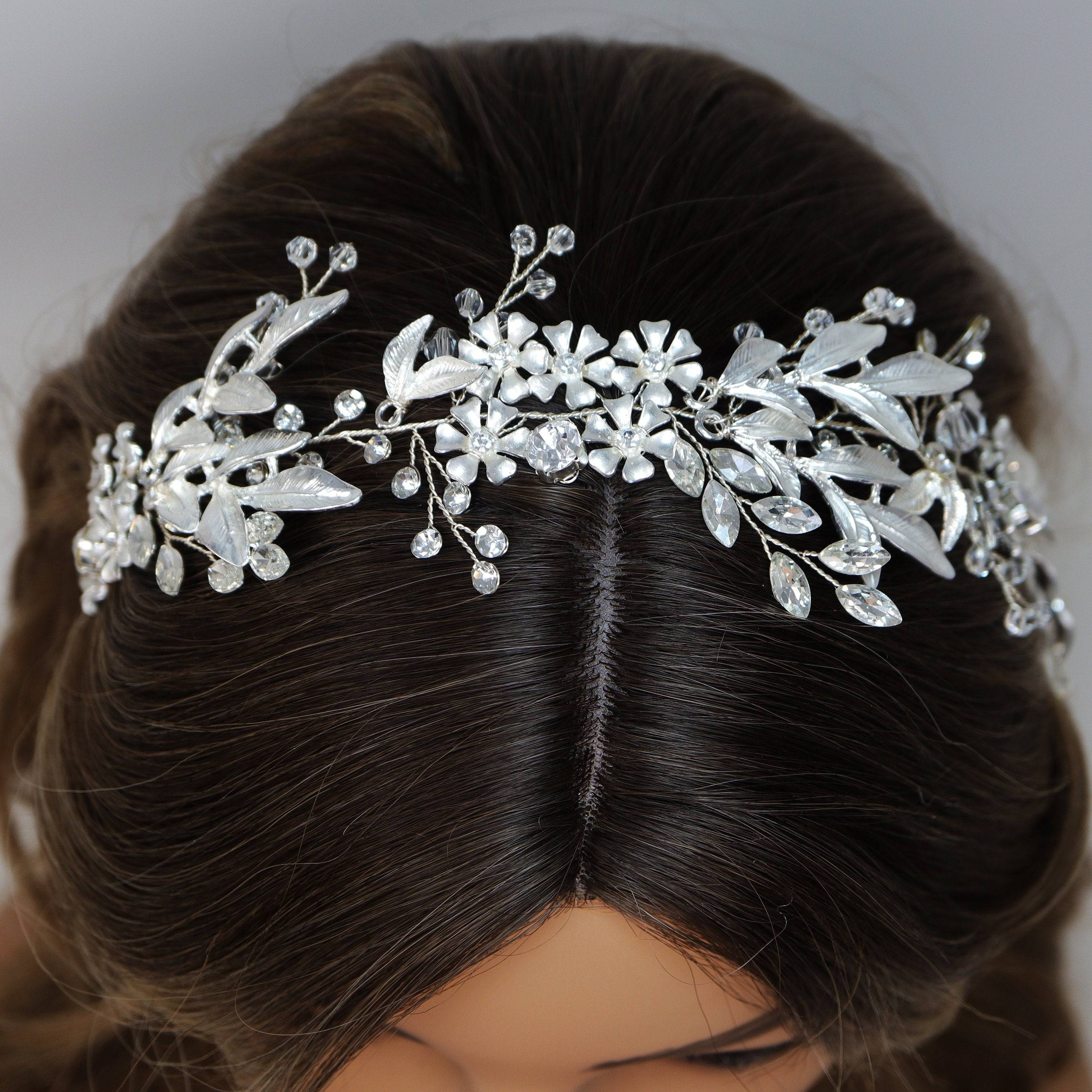 Swarovski Crystals Floral Leaves Garden Wedding Hair Vine, Pearl Bridal Hair Vine, Rhinestone Headband, Statement hair accessories.