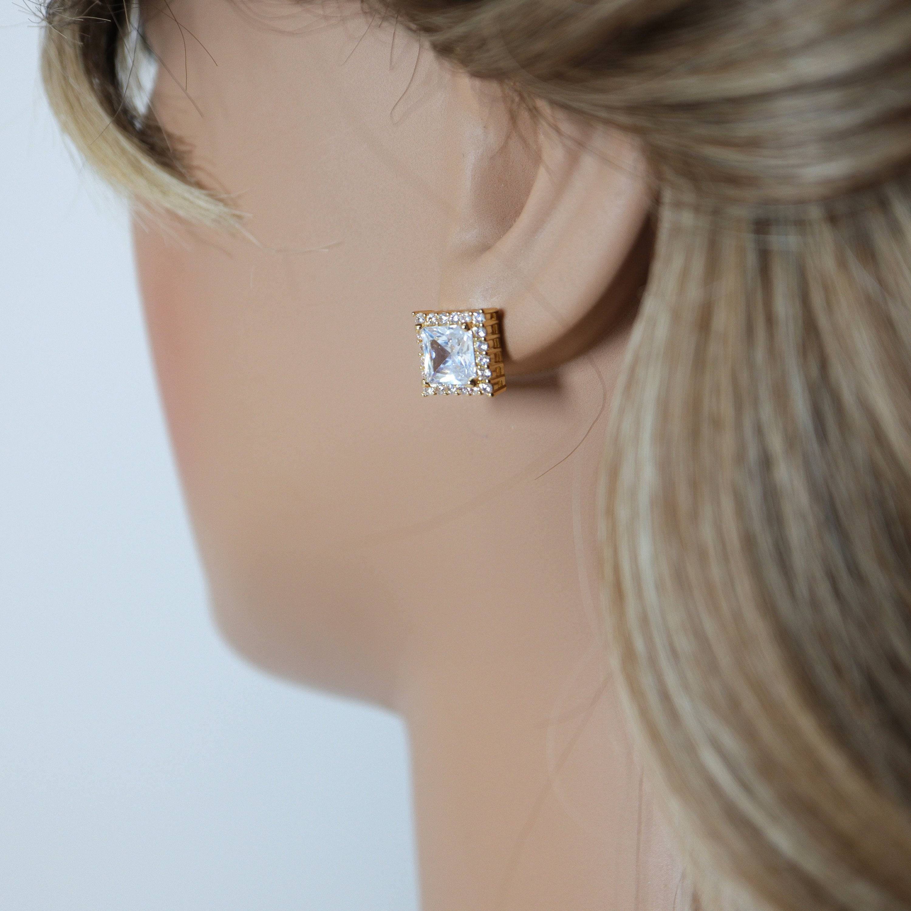 Cubic Zirconia Square stud Earrings, Bridal Jewelry, Bridal Stud Earrings, Crystal Bridal Earrings, Statement Earrings Cz