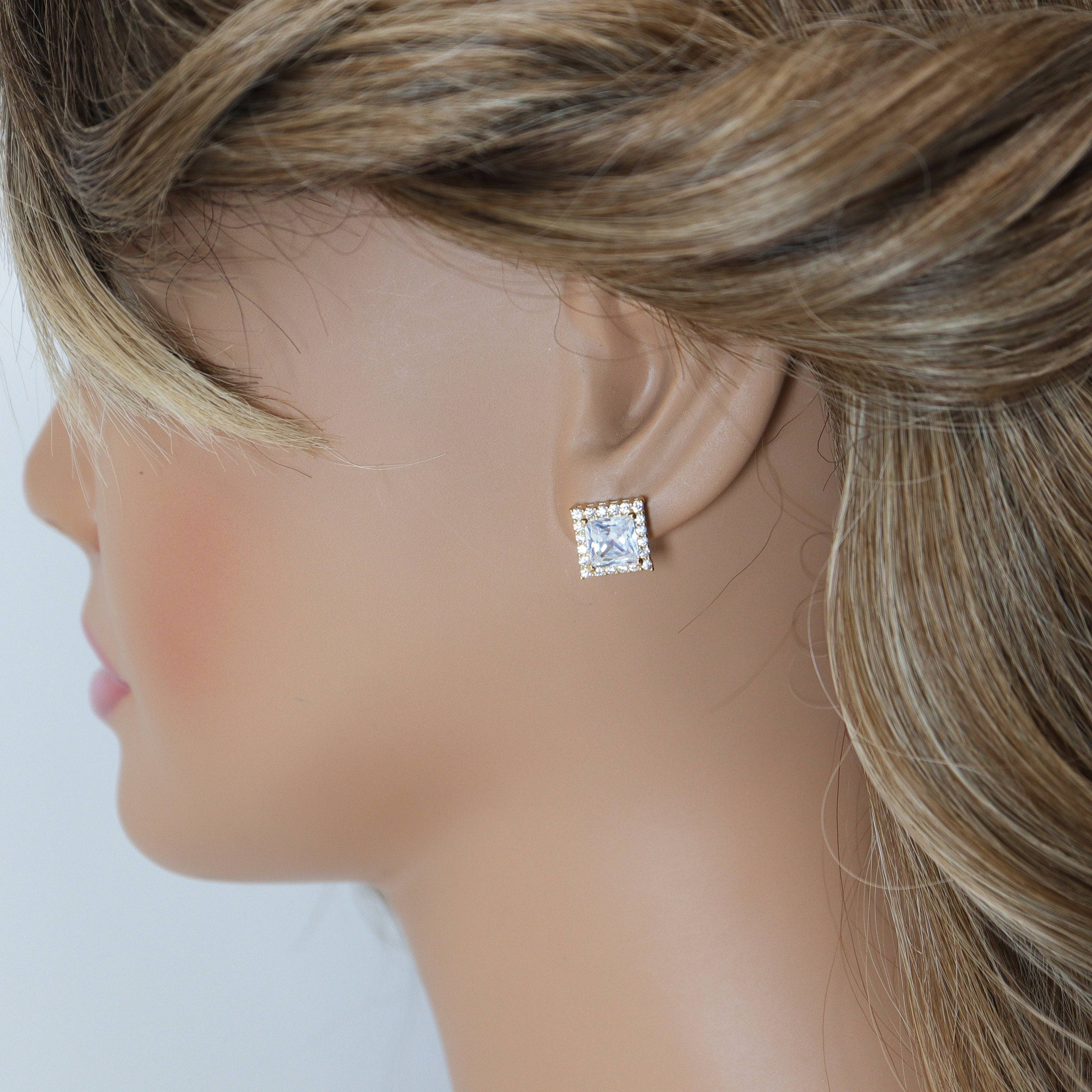 Cubic Zirconia Square stud Earrings, Bridal Jewelry, Bridal Stud Earrings, Crystal Bridal Earrings, Statement Earrings Cz