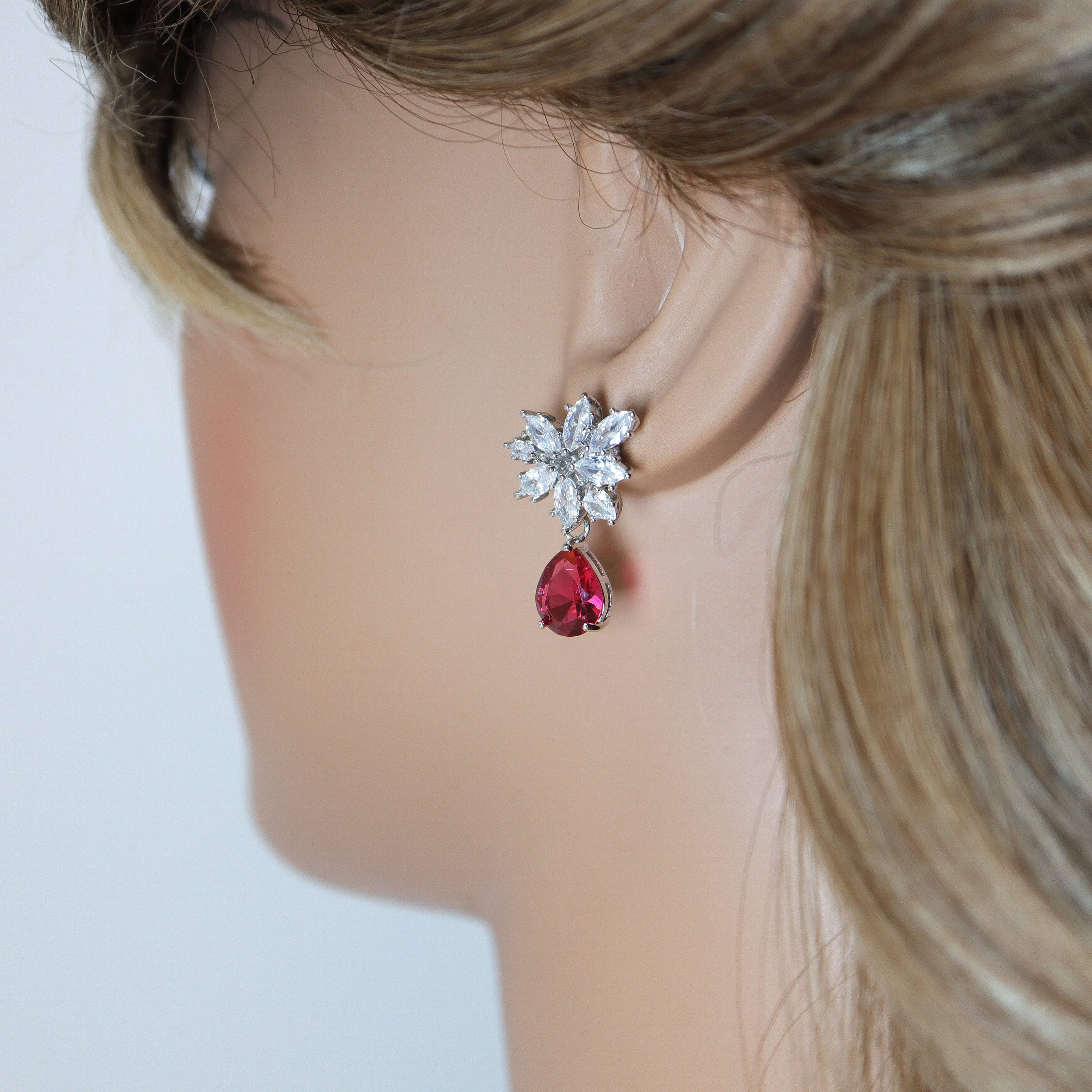 Cubic Zirconia Flower stud Drop Earrings, Bridal Jewelry, Bridal Stud Earrings, Crystal Bridal Earrings, Statement Earrings Cz