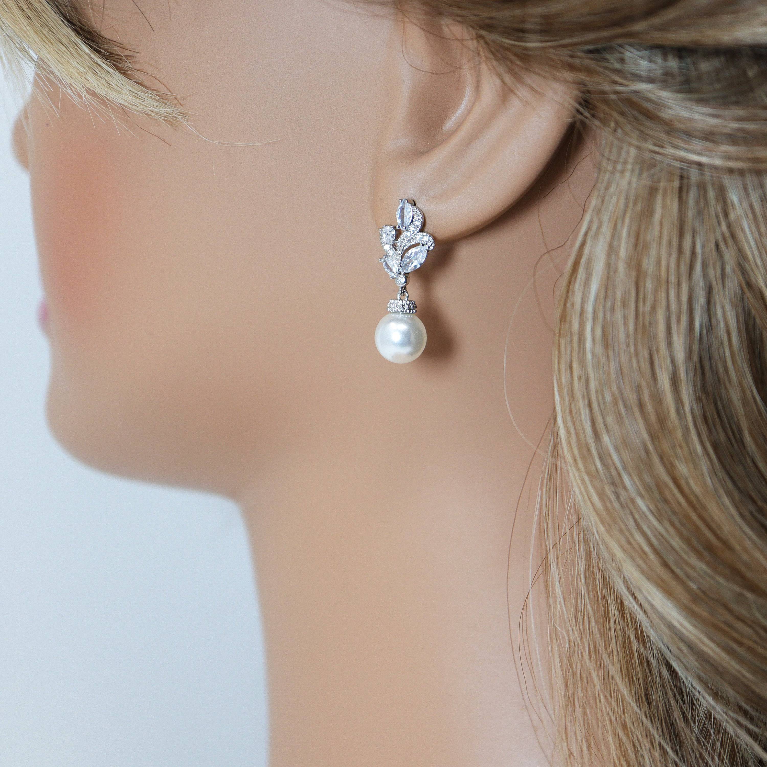 Cubic Zirconia White Pearl drop Dainty stud Earrings, Bridal Jewelry, Bridal Stud Earrings, Crystal Bridal Earrings, Statement Earrings Cz