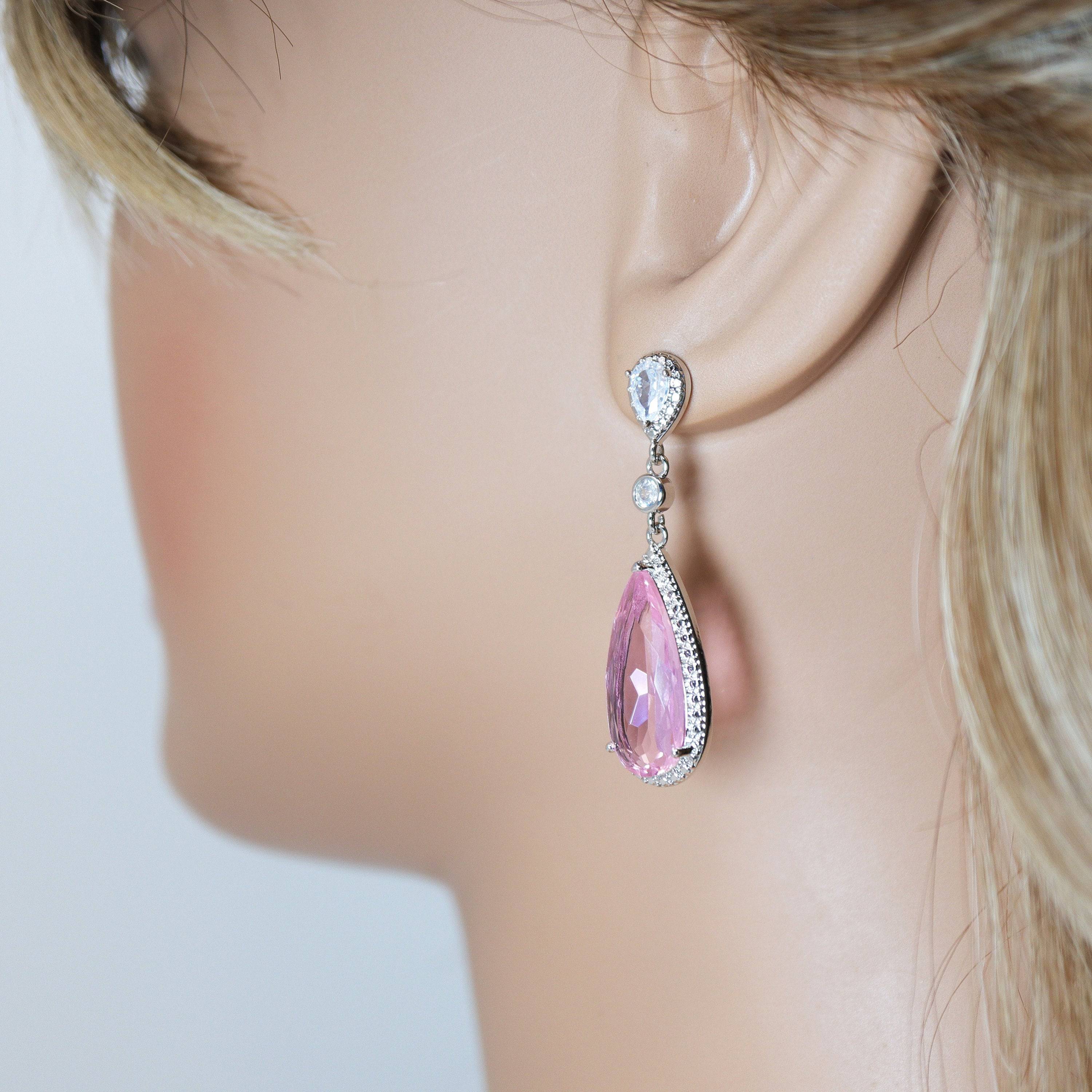 Cubic Zirconia Diamond Pink Drop Galaxy Earrings, Bridal Jewelry, Bridal Earrings, Crystal Bridal Earrings, Statement Earrings C