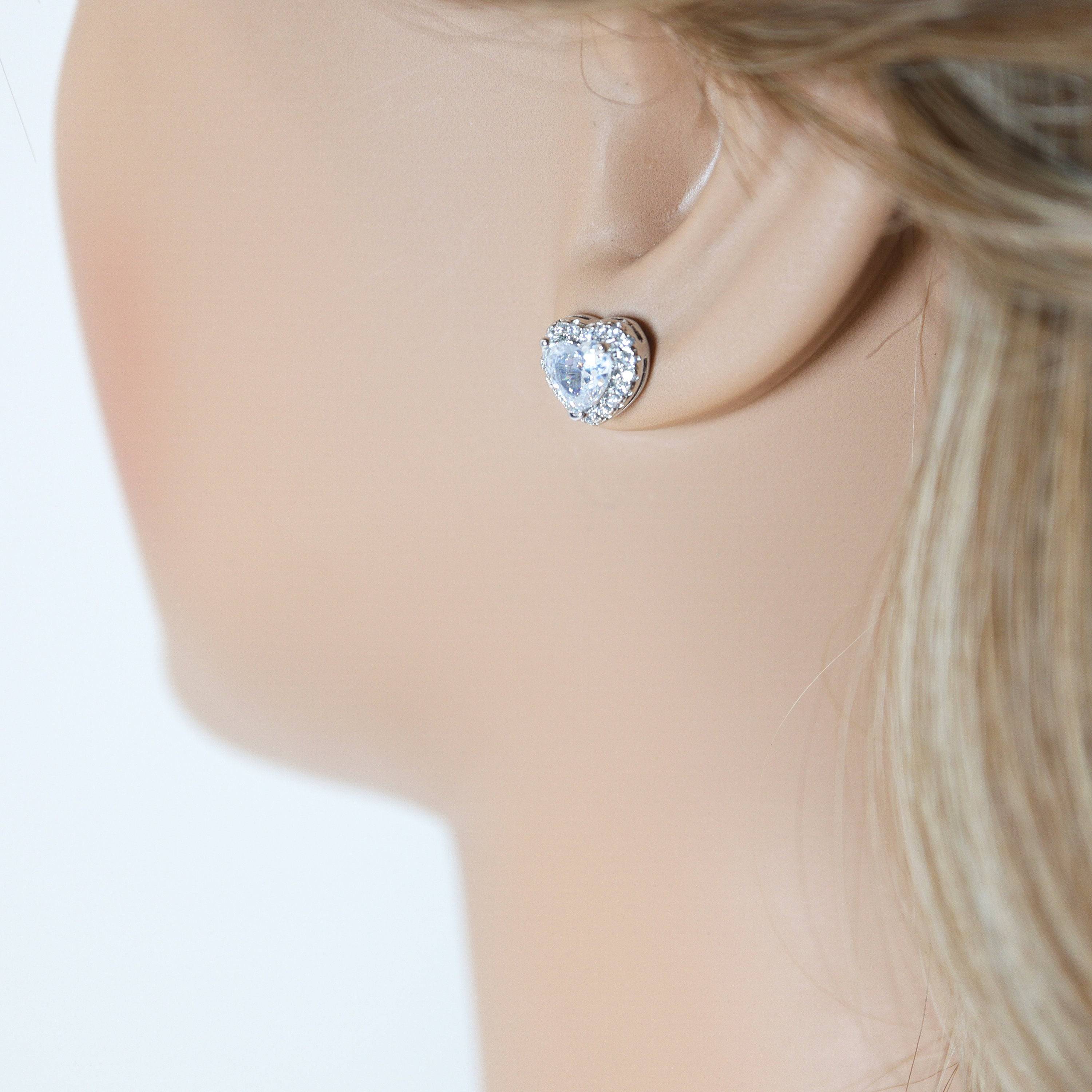 Cubic Zirconia Heart stud Earrings, Bridal Jewelry, Bridal Stud Earrings, Crystal Bridal Earrings, Statement Earrings Cz