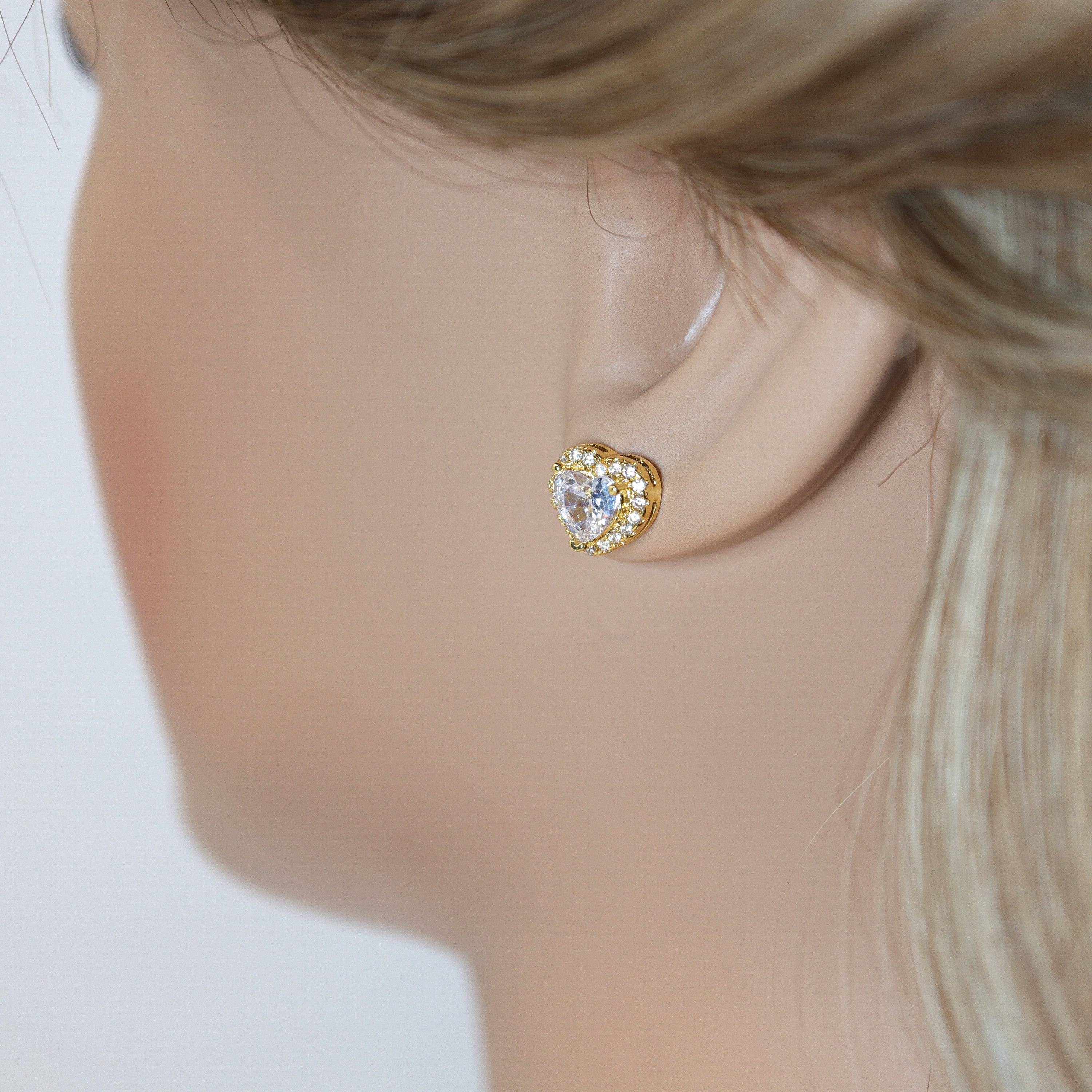 Cubic Zirconia Heart stud Earrings, Bridal Jewelry, Bridal Stud Earrings, Crystal Bridal Earrings, Statement Earrings Cz