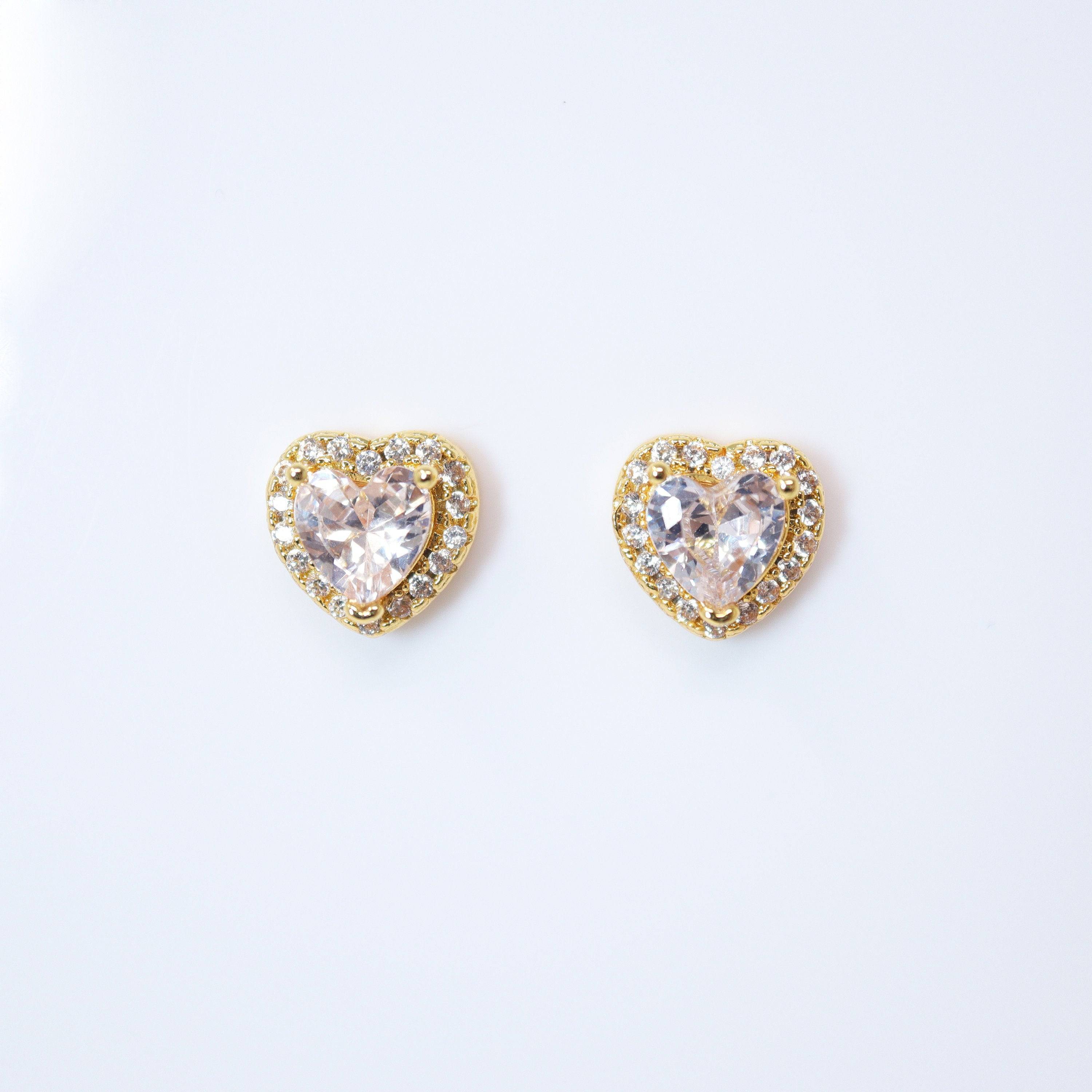Cubic Zirconia Heart stud Earrings, Bridal Jewelry, Bridal Stud Earrings, Crystal Bridal Earrings, Statement Earrings Cz