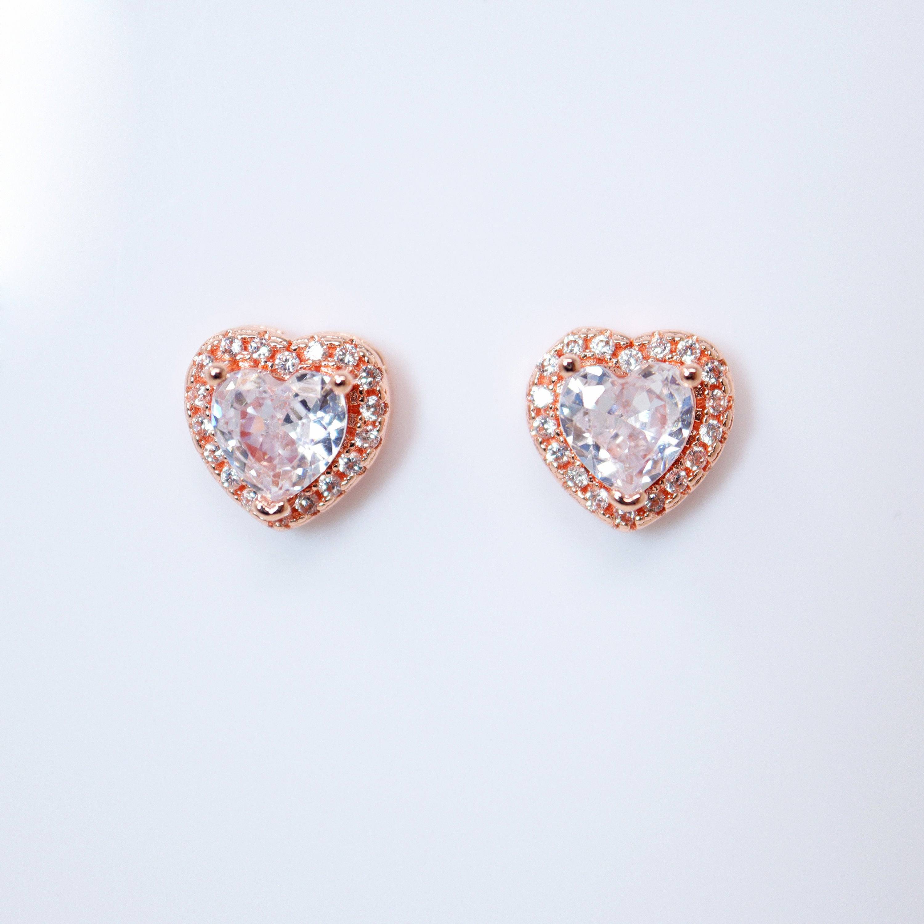 Cubic Zirconia Heart stud Earrings, Bridal Jewelry, Bridal Stud Earrings, Crystal Bridal Earrings, Statement Earrings Cz