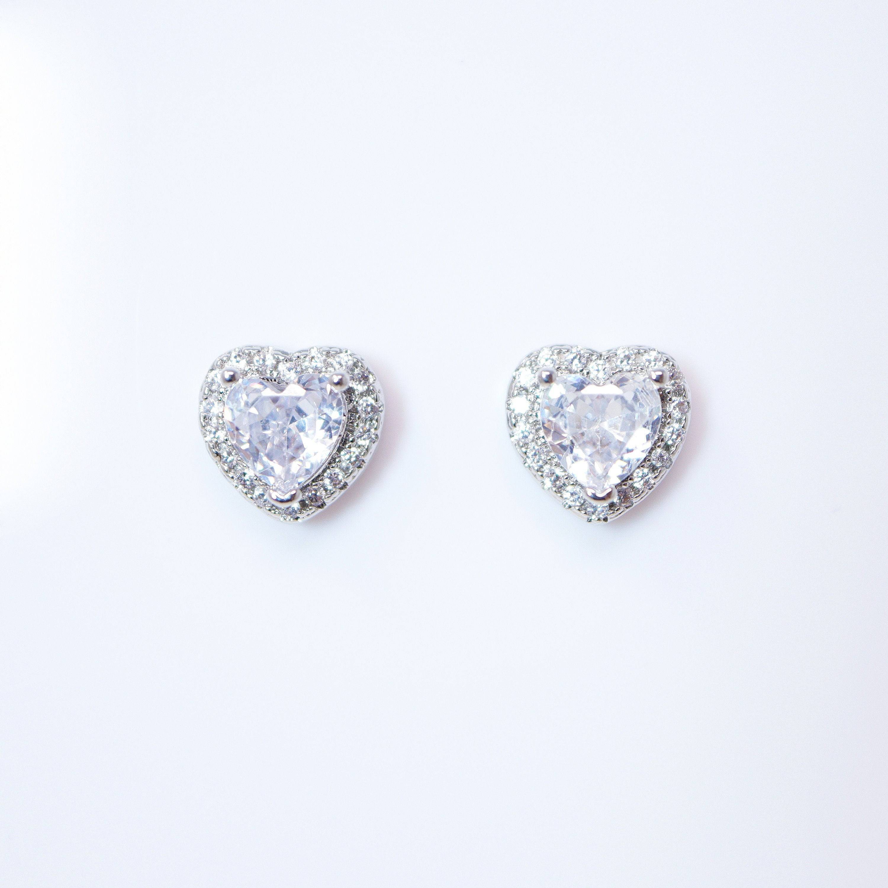 Cubic Zirconia Heart stud Earrings, Bridal Jewelry, Bridal Stud Earrings, Crystal Bridal Earrings, Statement Earrings Cz