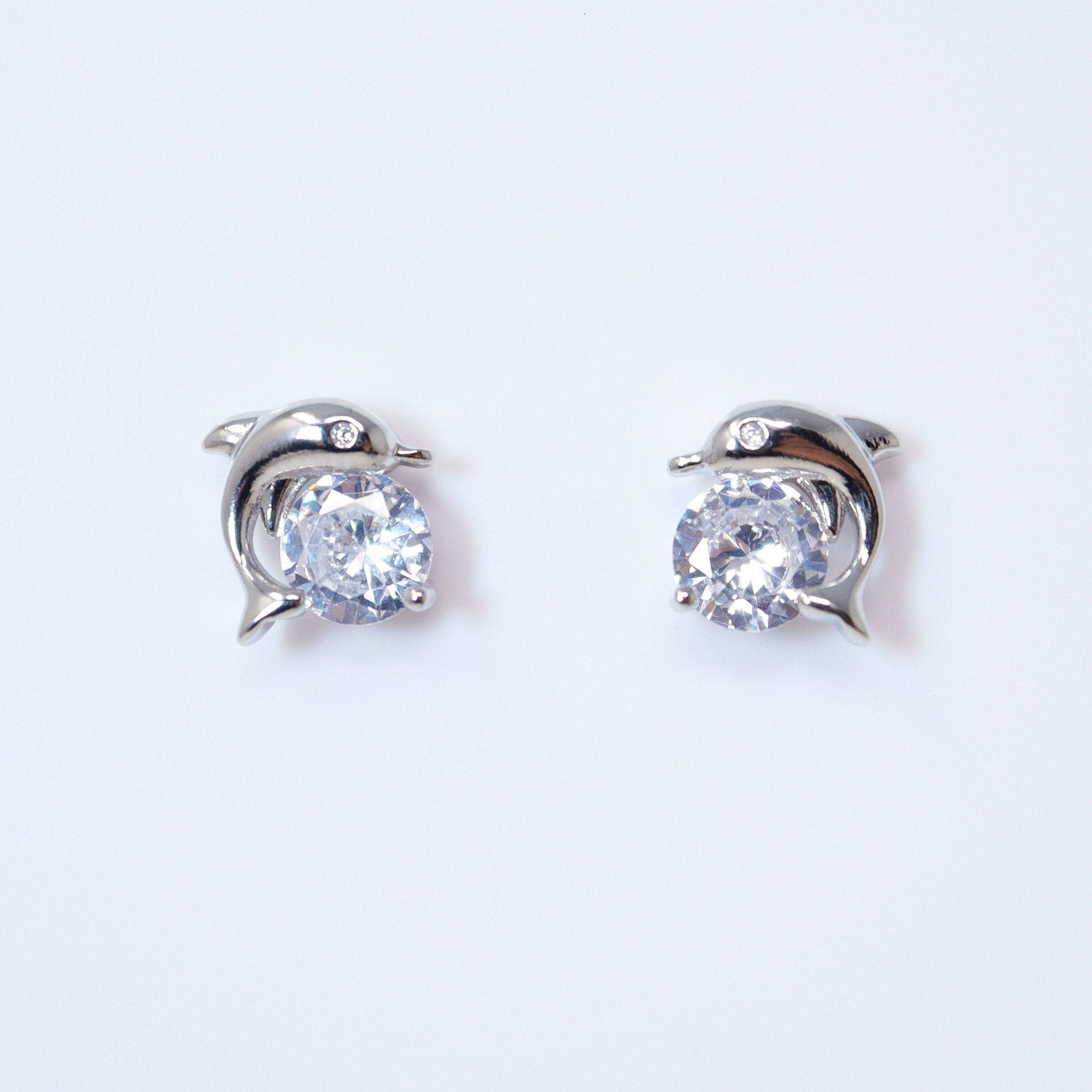 Cubic Zirconia Silver Dainty Dolphin stud Earrings, Bridal Jewelry, Bridal Stud Earrings, Crystal Bridal Earrings, Statement Earrings Cz