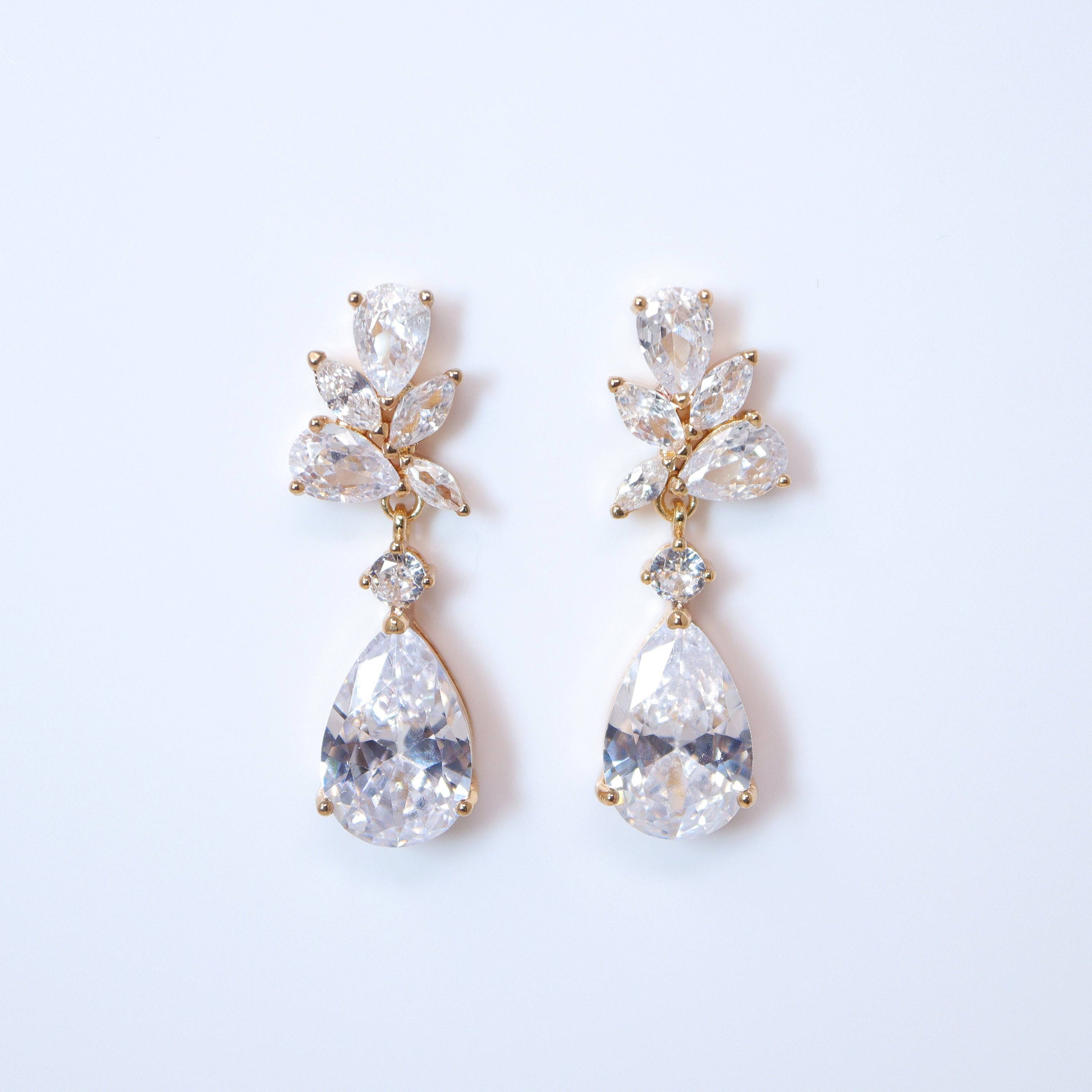 Cubic Zirconia Diamond Leaves TearDrop Earrings, Bridal Jewelry, Bridal Earrings, Crystal Bridal Earrings, Statement Earrings Cz