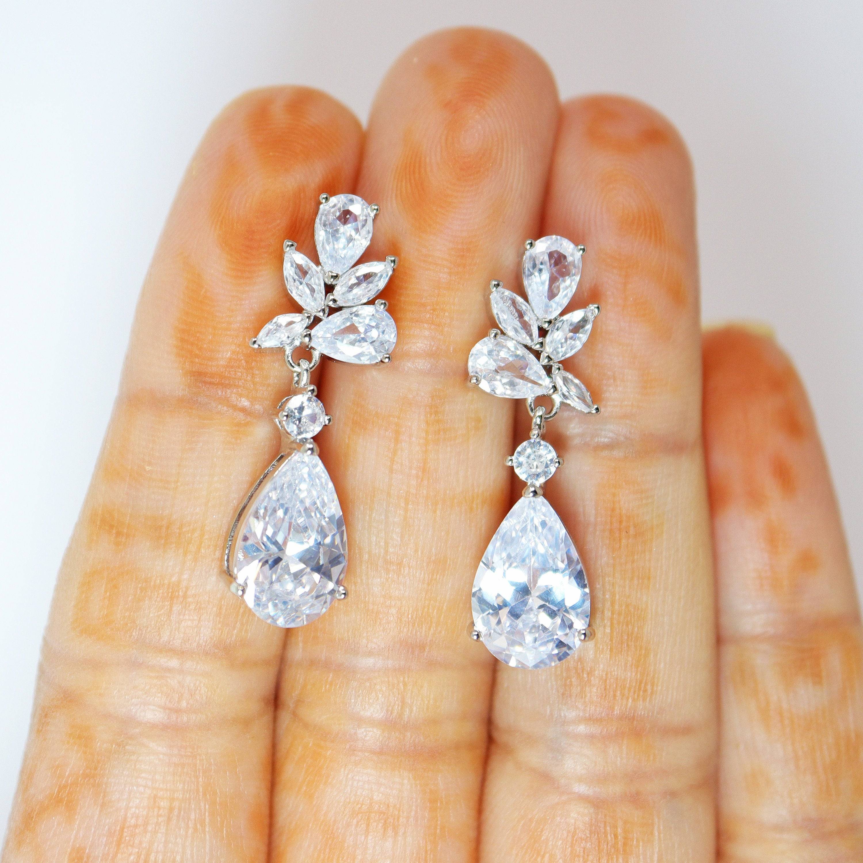 Cubic Zirconia Diamond Leaves TearDrop Earrings, Bridal Jewelry, Bridal Earrings, Crystal Bridal Earrings, Statement Earrings Cz