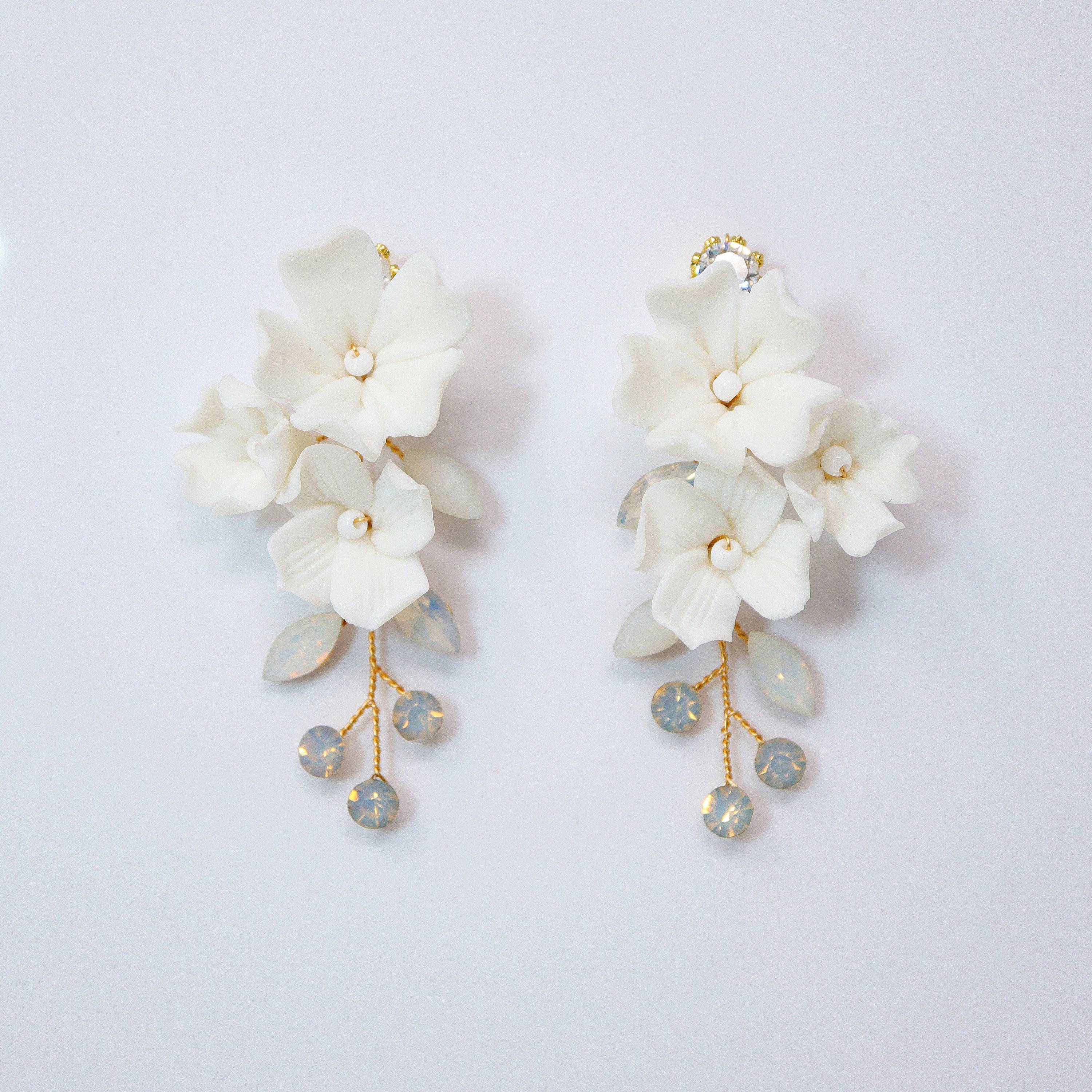 Swarovski Ceramic Opal White Flower Sparkling Crystal Long Bridal Jewelry Crystal Bridal Earrings Statement Earrings Cz
