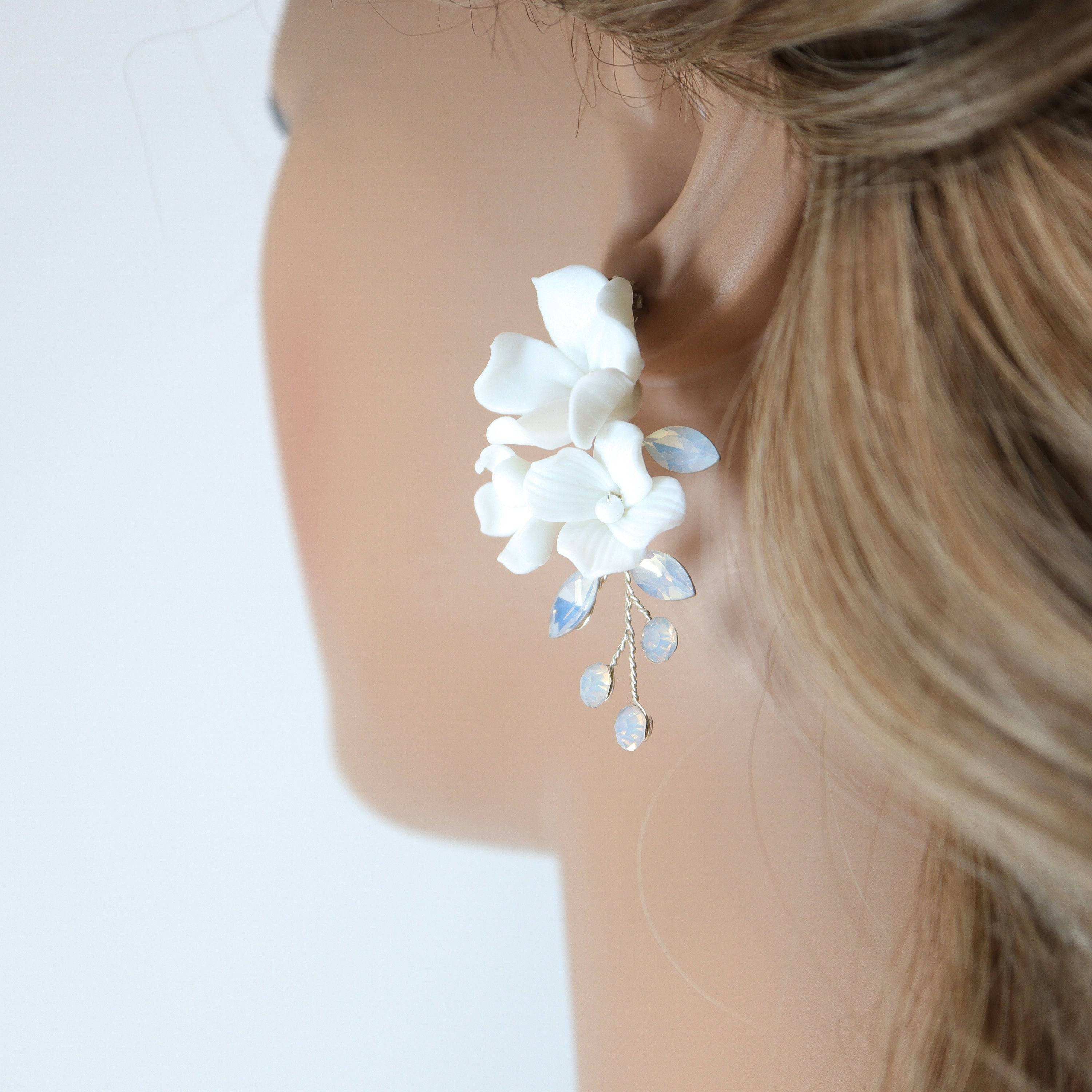Swarovski Ceramic Opal White Flower Sparkling Crystal Long Bridal Jewelry Crystal Bridal Earrings Statement Earrings Cz
