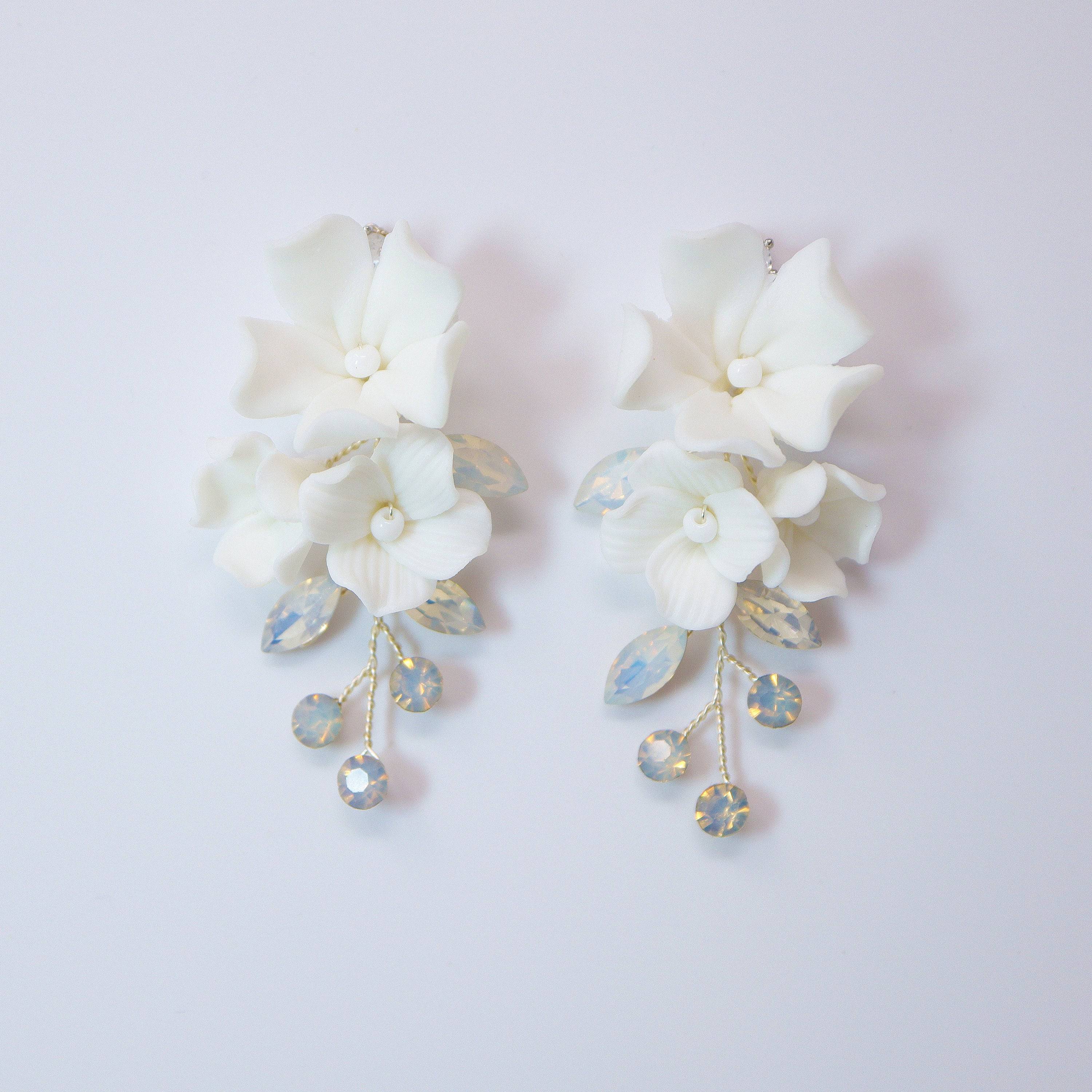 Swarovski Ceramic Opal White Flower Sparkling Crystal Long Bridal Jewelry Crystal Bridal Earrings Statement Earrings Cz