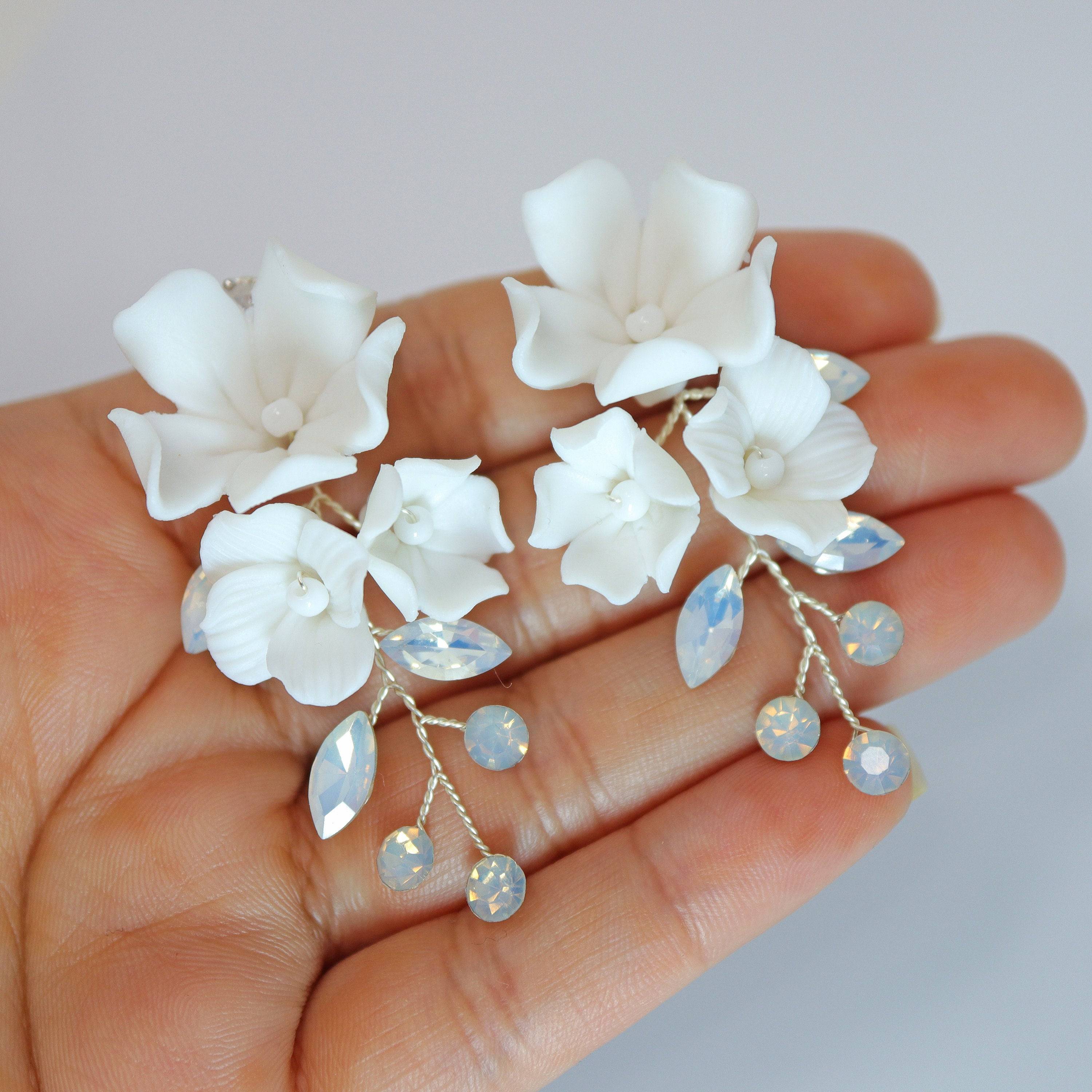 Swarovski Ceramic Opal White Flower Sparkling Crystal Long Bridal Jewelry Crystal Bridal Earrings Statement Earrings Cz