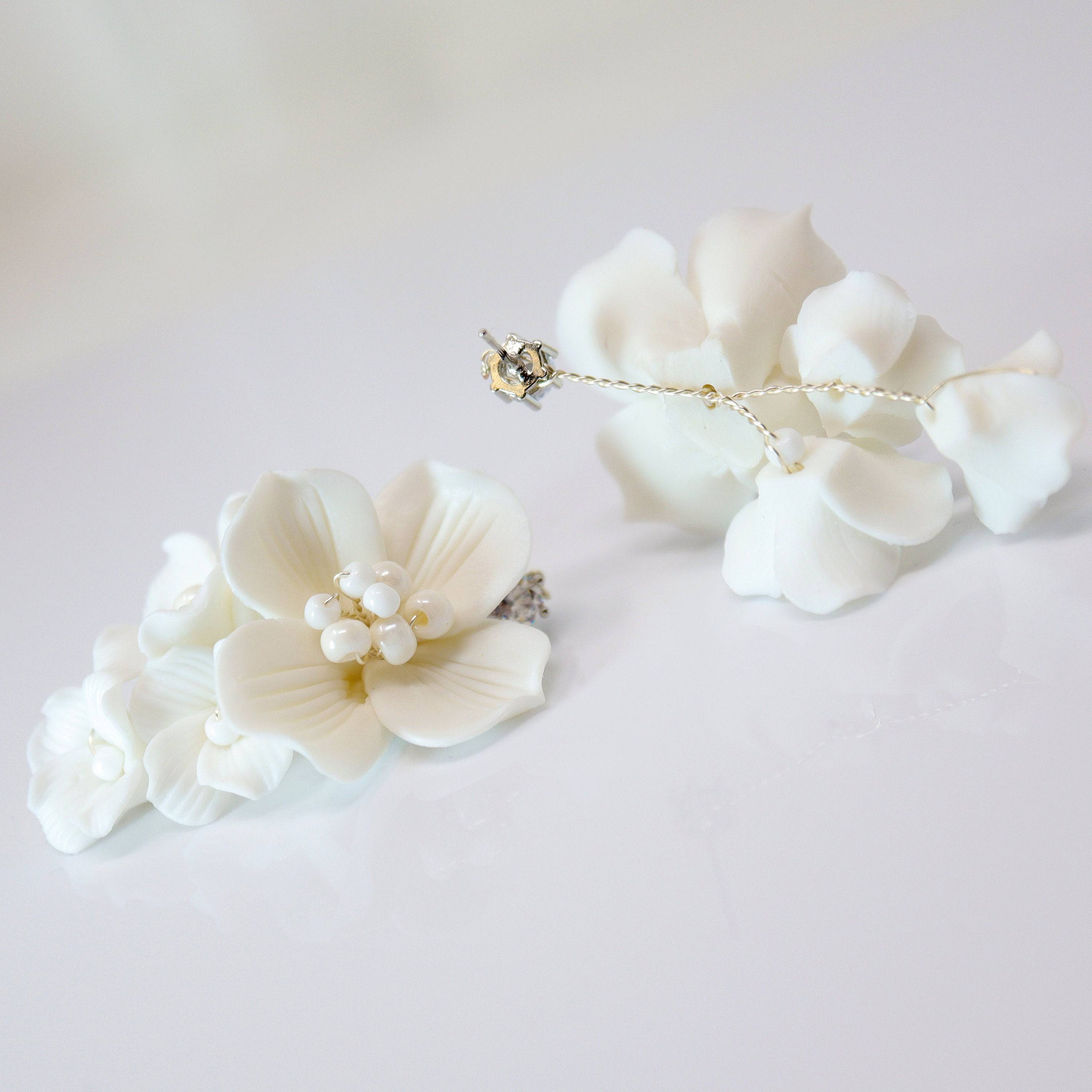 Swarovski Ceramic White Flower Pearl Sparkling Crystal Long Bridal Jewelry Crystal Bridal Earrings Statement Earrings Cz