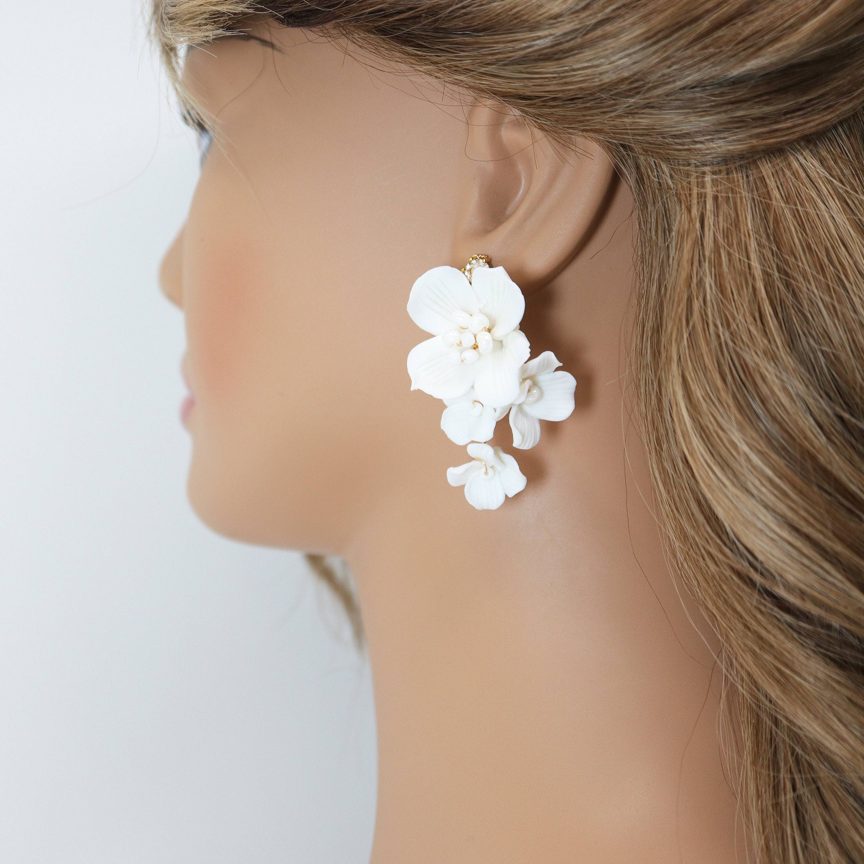 Swarovski Ceramic White Flower Pearl Sparkling Crystal Long Bridal Jewelry Crystal Bridal Earrings Statement Earrings Cz
