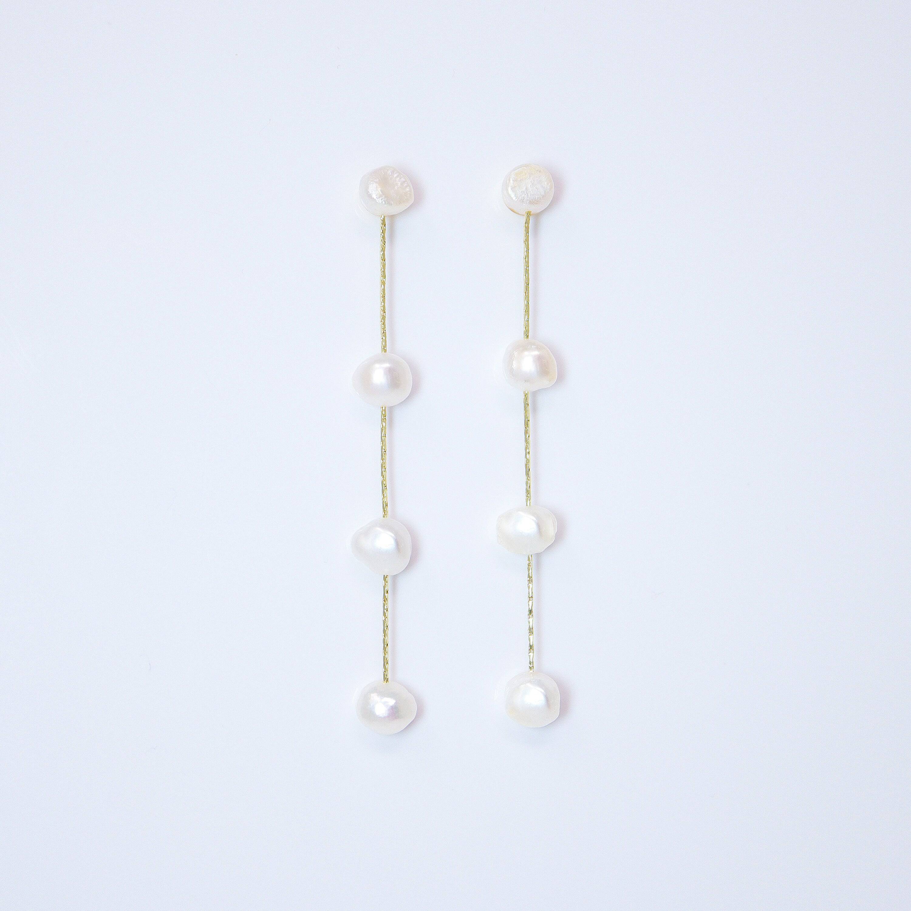 4 Freshwater Cultured pearl Bezel Earrings, 14k gold plated Long Bridal Jewelry, Sterling Silver Pearl Bridal Earrings, Statement Earrings.