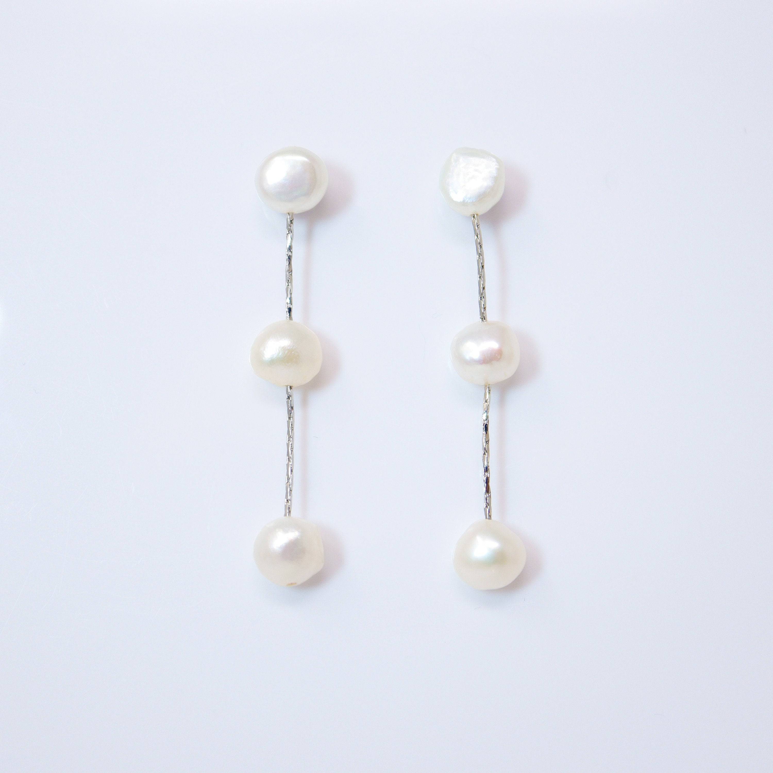3 Freshwater Cultured pearl Bezel Earrings, Long Bridal Jewelry, Sterling Silver Pearl Bridal Earrings, Statement Earrings.