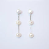 3 Freshwater Cultured pearl Bezel Earrings, Long Bridal Jewelry, Sterling Silver Pearl Bridal Earrings, Statement Earrings.