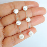 3 Freshwater Cultured pearl Bezel Earrings, Long Bridal Jewelry, Sterling Silver Pearl Bridal Earrings, Statement Earrings.