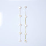14k Gold 5 Freshwater Cultured pearl Bezel Earrings, Long Bridal Jewelry, Sterling Silver Pearl Bridal Earrings, Statement Earrings.