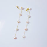 14k Gold 5 Freshwater Cultured pearl Bezel Earrings, Long Bridal Jewelry, Sterling Silver Pearl Bridal Earrings, Statement Earrings.