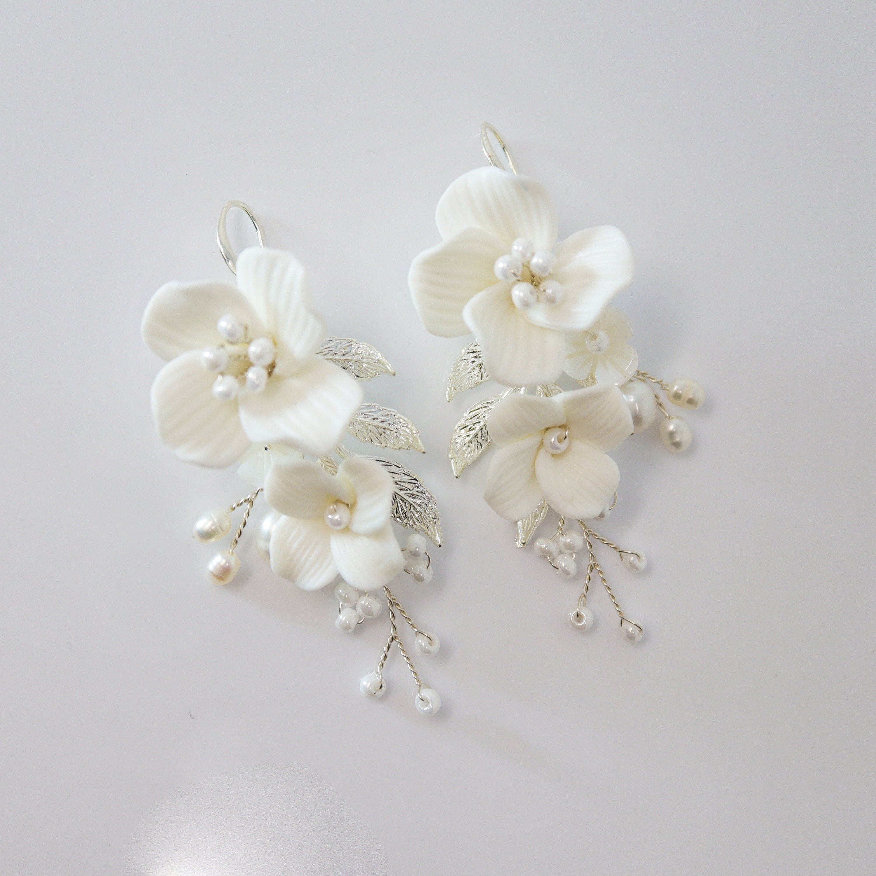 Natural Cultured Freshwater Pearl White Flower Necklace Set, Long Bridal Jewelry Pearl Bridal Earrings and Necklace Statement Earrings