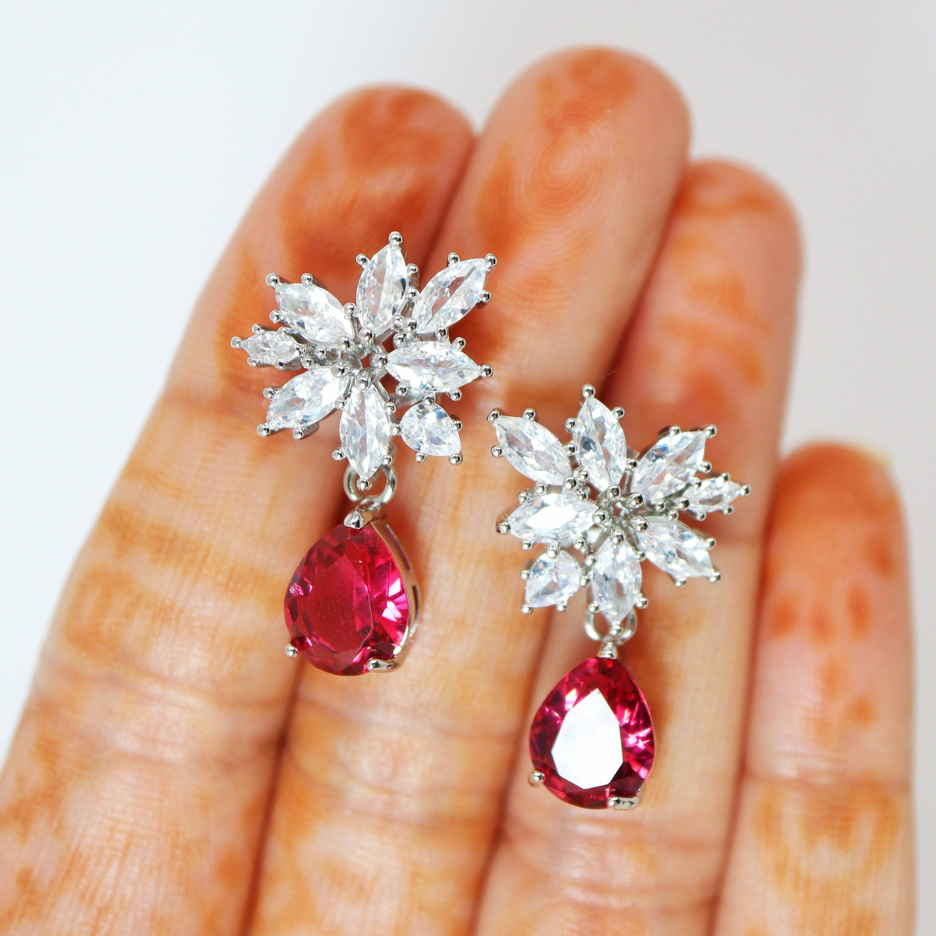 Cubic Zirconia Flower stud Drop Earrings, Bridal Jewelry, Bridal Stud Earrings, Crystal Bridal Earrings, Statement Earrings Cz
