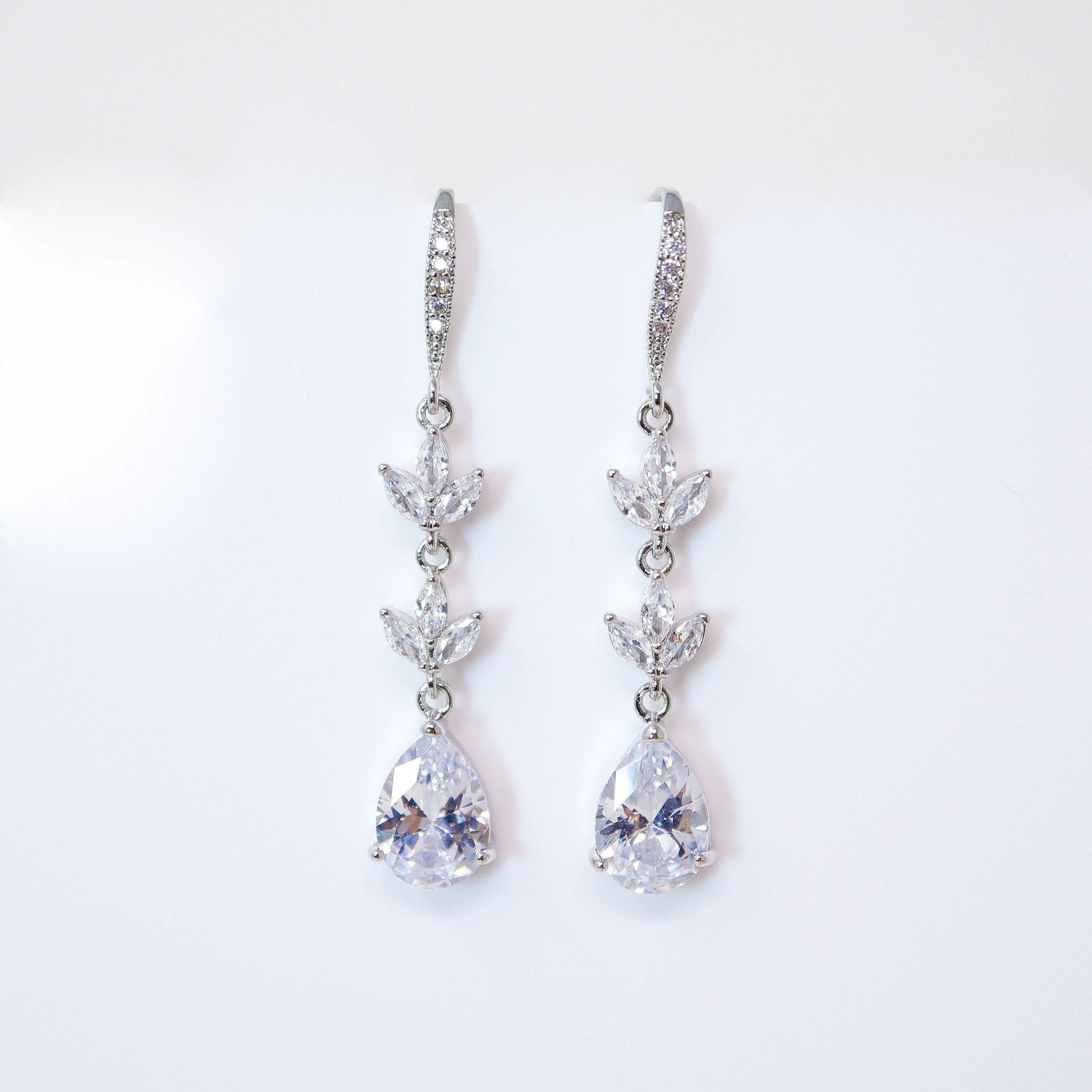 Cubic Zirconia Dainty Diamond Drop Crystal, Diamond Leaves Earrings, Long Bridal Jewelry, Bridal Earrings, Crystal Bridal Earrings Cz