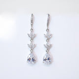 Cubic Zirconia Dainty Diamond Drop Crystal, Diamond Leaves Earrings, Long Bridal Jewelry, Bridal Earrings, Crystal Bridal Earrings Cz
