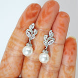 Cubic Zirconia White Pearl drop Dainty stud Earrings, Bridal Jewelry, Bridal Stud Earrings, Crystal Bridal Earrings, Statement Earrings Cz