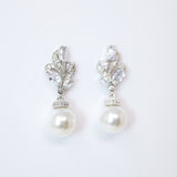 Cubic Zirconia White Pearl drop Dainty stud Earrings, Bridal Jewelry, Bridal Stud Earrings, Crystal Bridal Earrings, Statement Earrings Cz