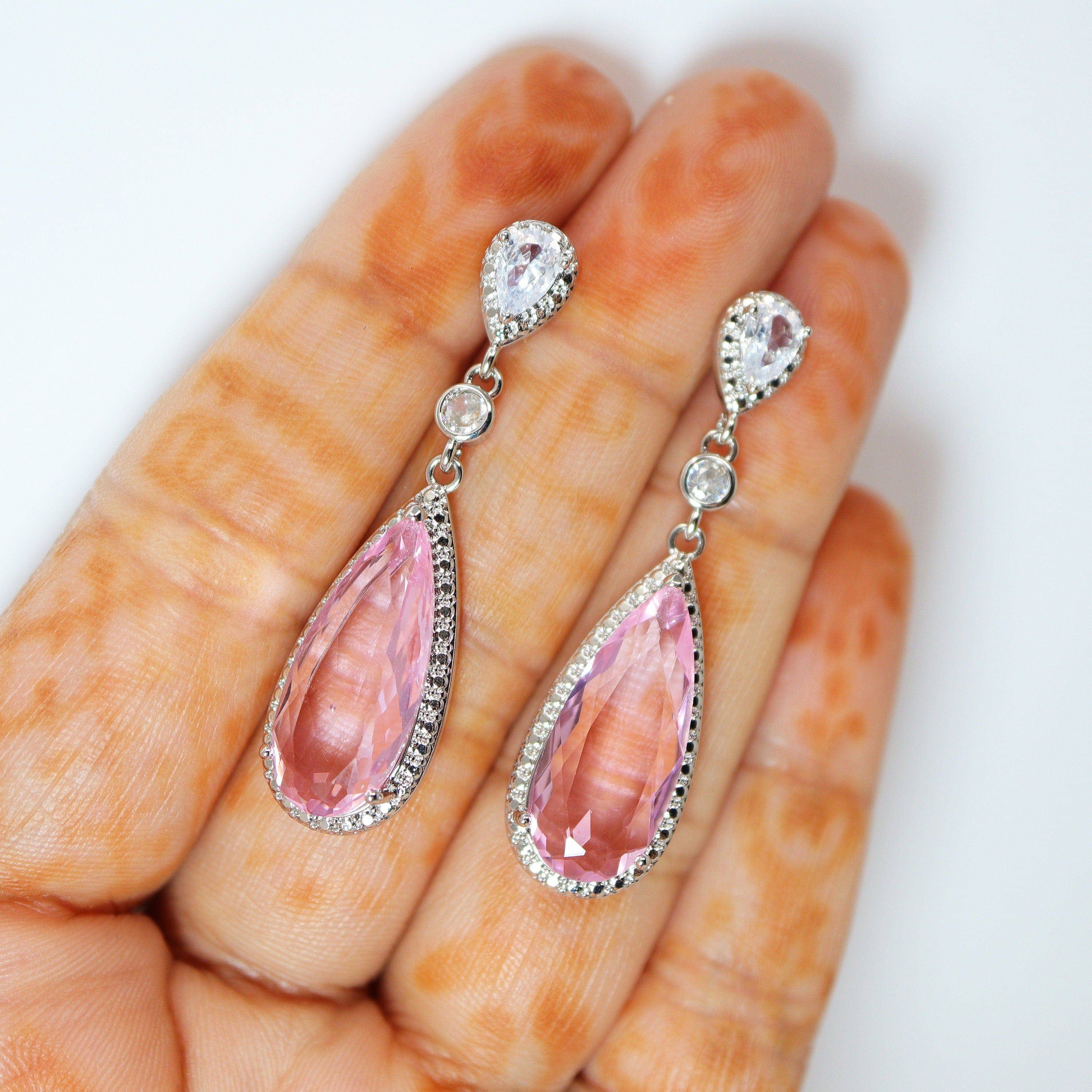 Cubic Zirconia Diamond Pink Drop Galaxy Earrings, Bridal Jewelry, Bridal Earrings, Crystal Bridal Earrings, Statement Earrings C