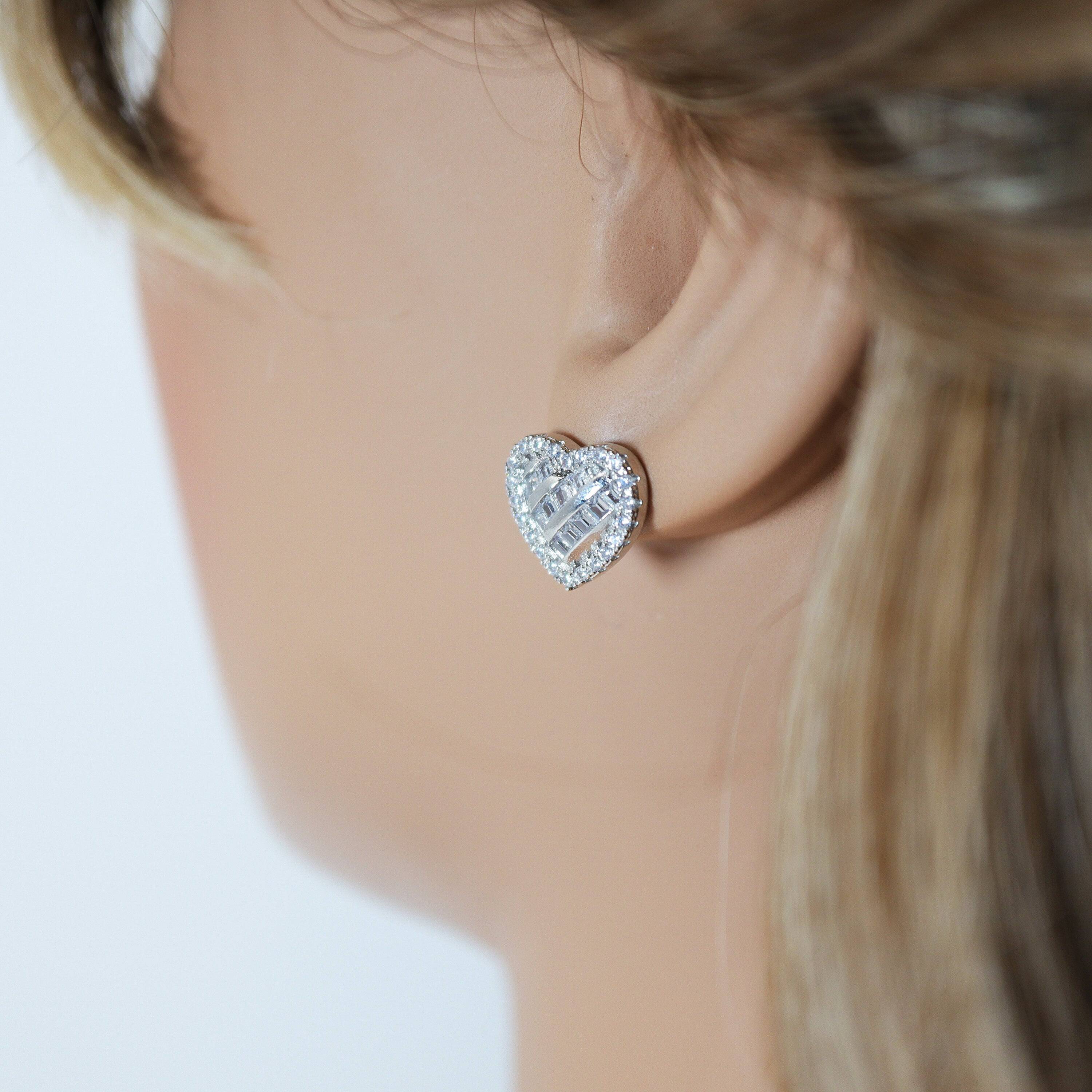 Cubic Zirconia Silver Dainty Heart stud Earrings, Bridal Jewelry, Bridal Stud Earrings, Crystal Bridal Earrings, Statement Earrings Cz
