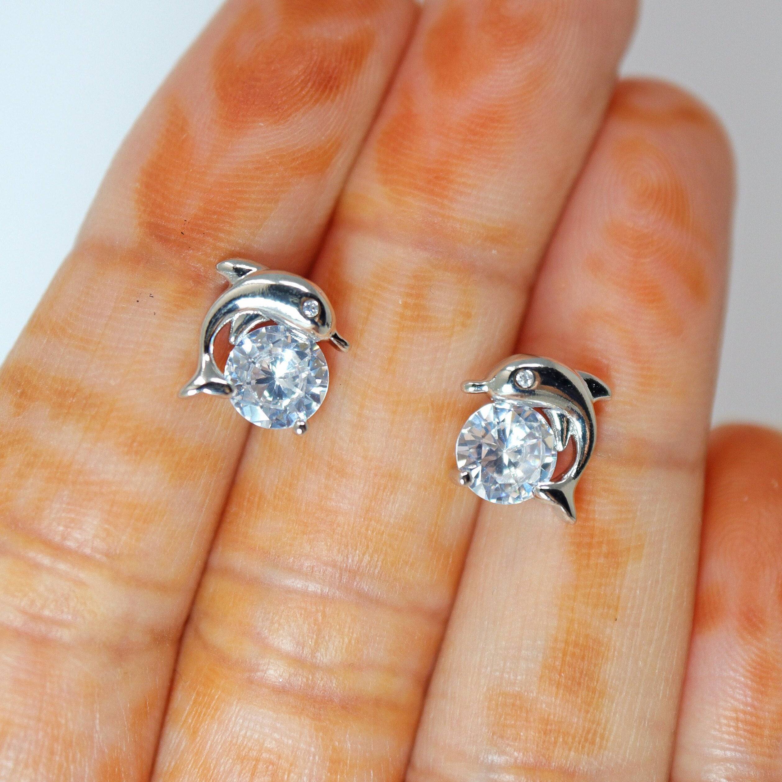 Cubic Zirconia Silver Dainty Dolphin stud Earrings, Bridal Jewelry, Bridal Stud Earrings, Crystal Bridal Earrings, Statement Earrings Cz