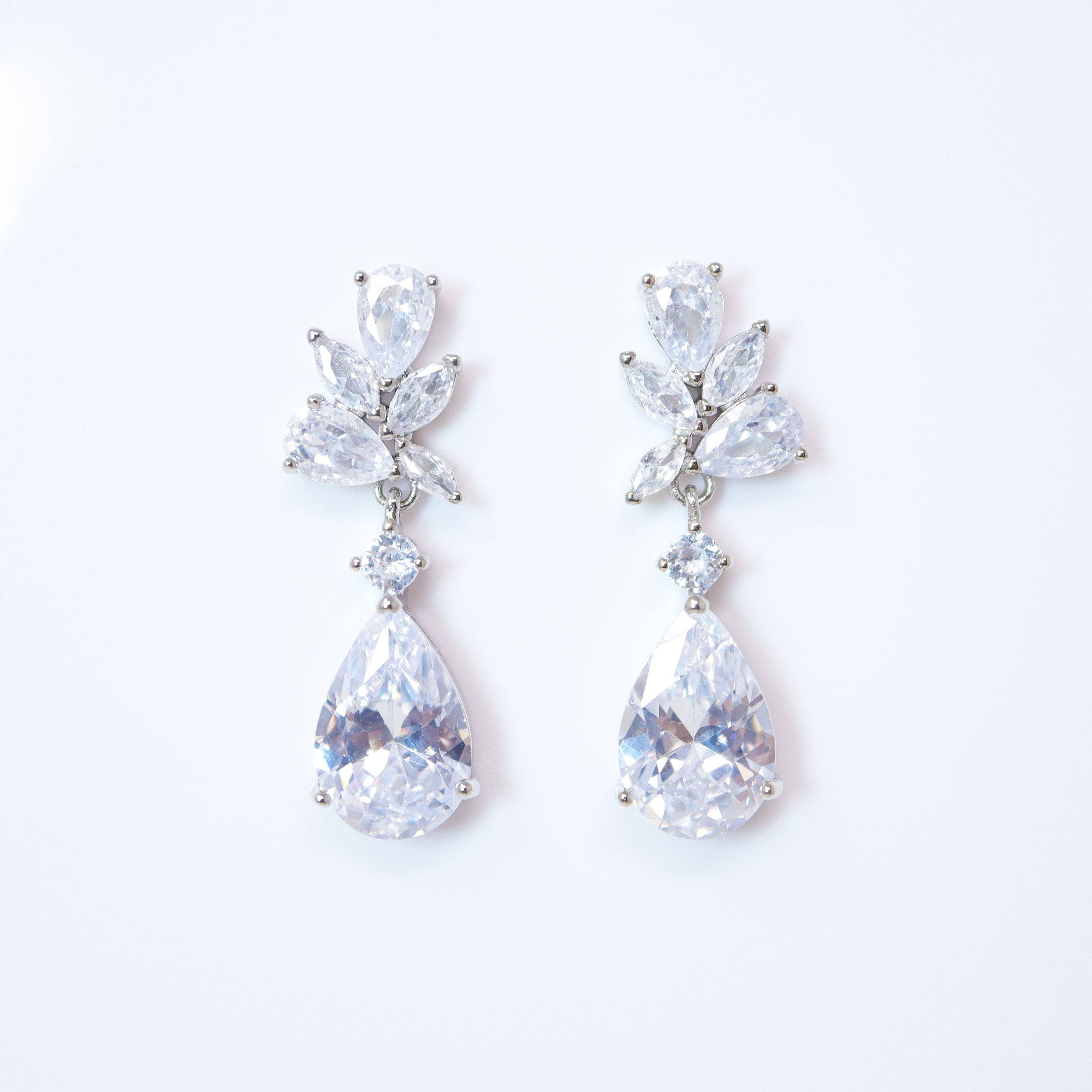 Cubic Zirconia Diamond Leaves TearDrop Earrings, Bridal Jewelry, Bridal Earrings, Crystal Bridal Earrings, Statement Earrings Cz