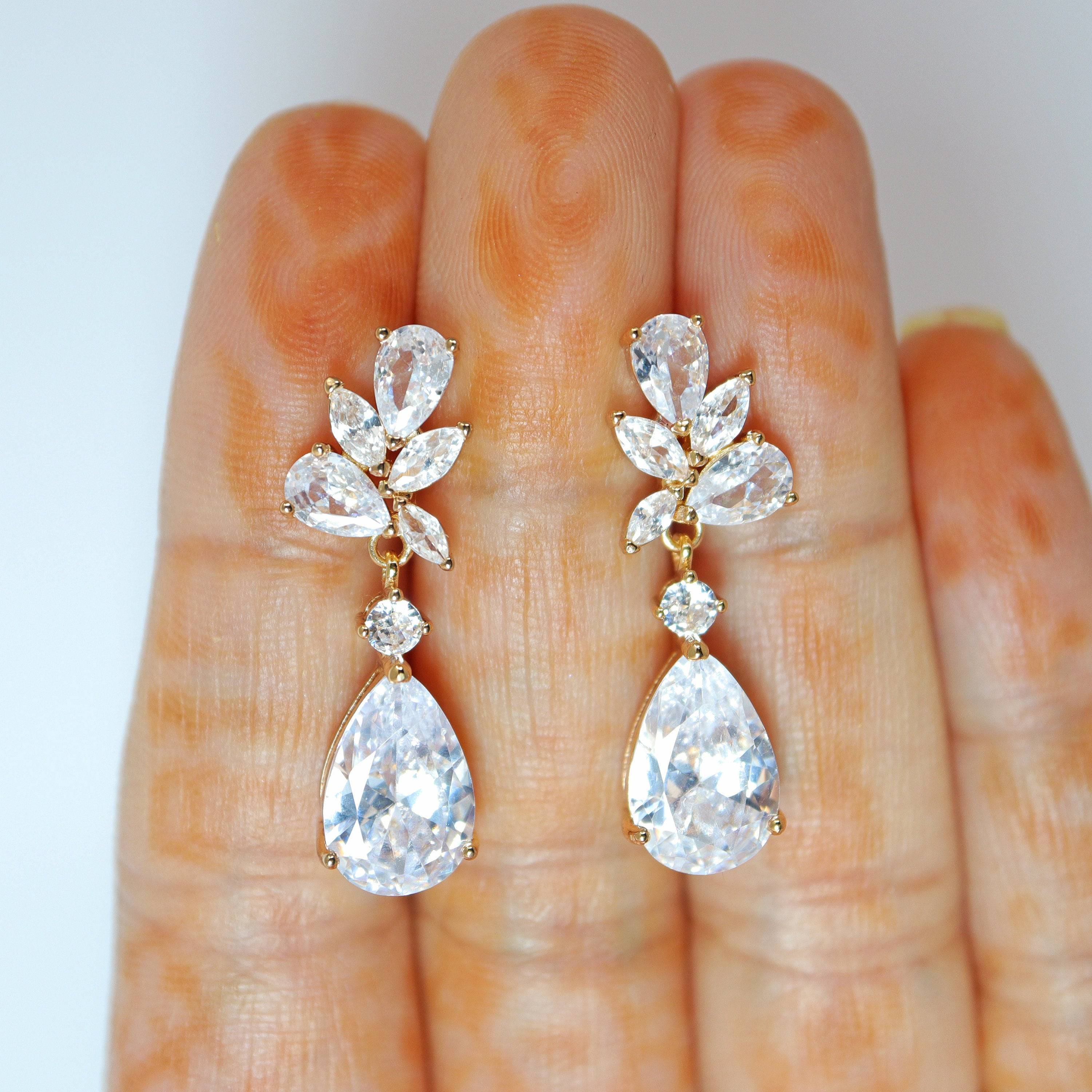 Cubic Zirconia Diamond Leaves TearDrop Earrings, Bridal Jewelry, Bridal Earrings, Crystal Bridal Earrings, Statement Earrings Cz