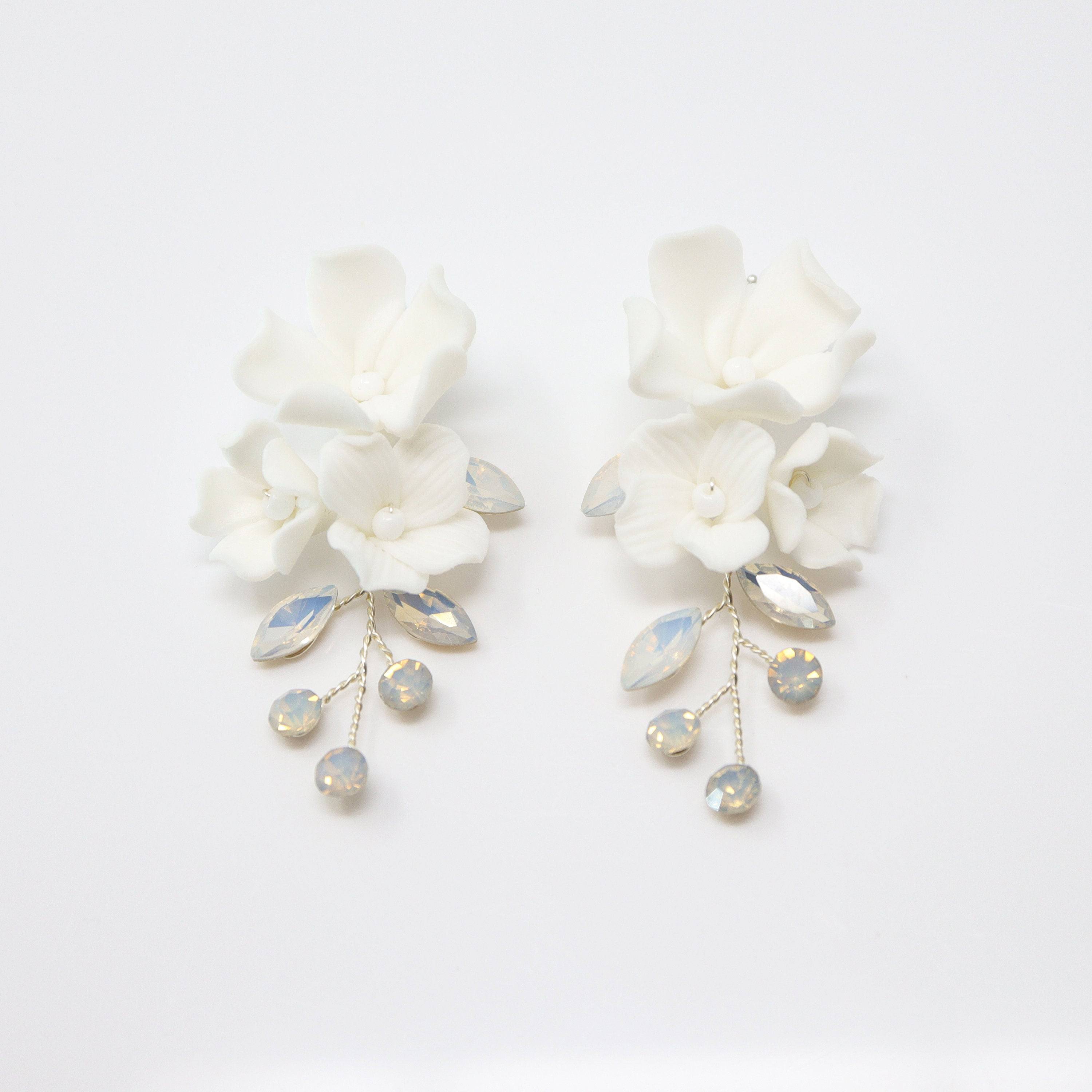 Swarovski Ceramic Opal White Flower Sparkling Crystal Long Bridal Jewelry Crystal Bridal Earrings Statement Earrings Cz