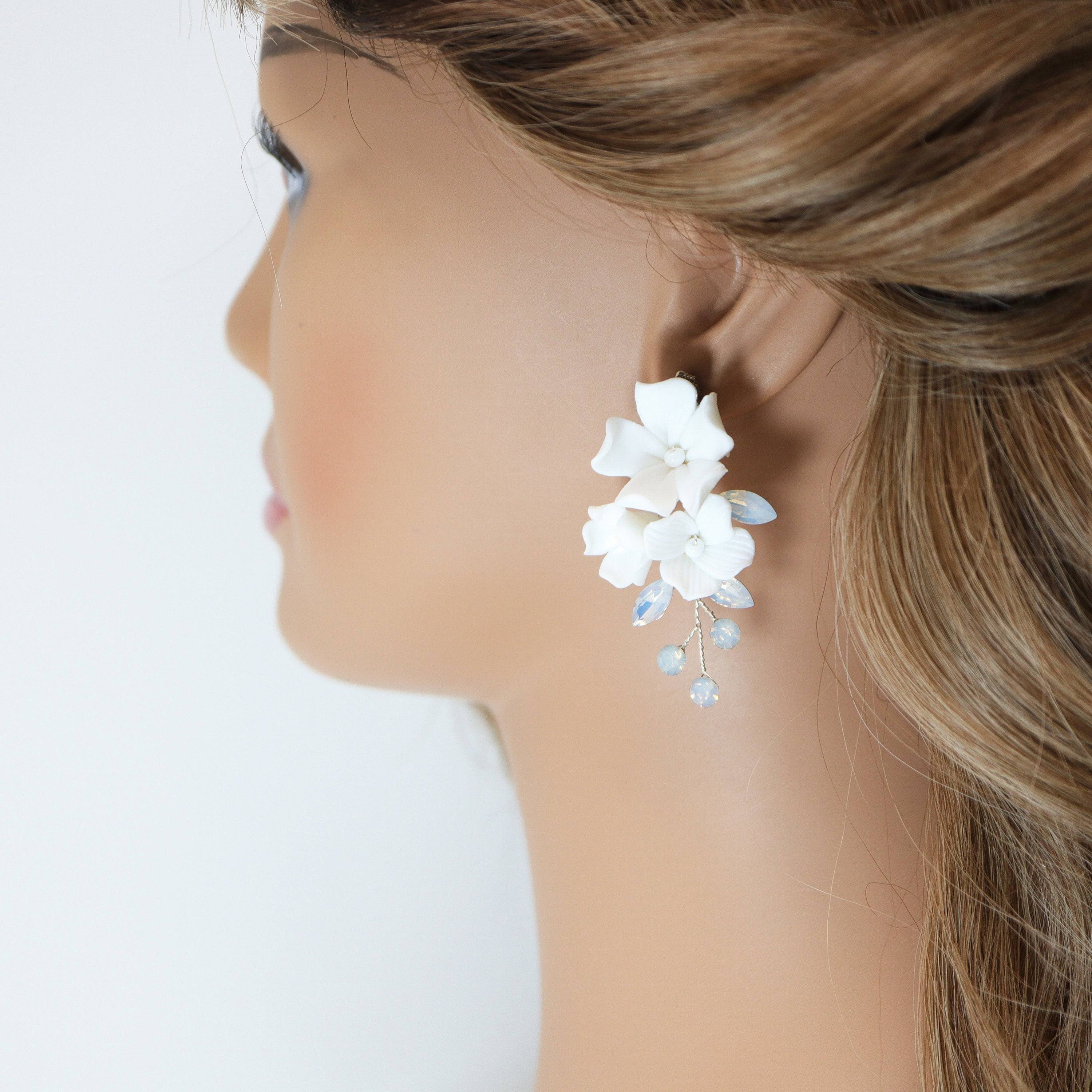 Swarovski Ceramic Opal White Flower Sparkling Crystal Long Bridal Jewelry Crystal Bridal Earrings Statement Earrings Cz