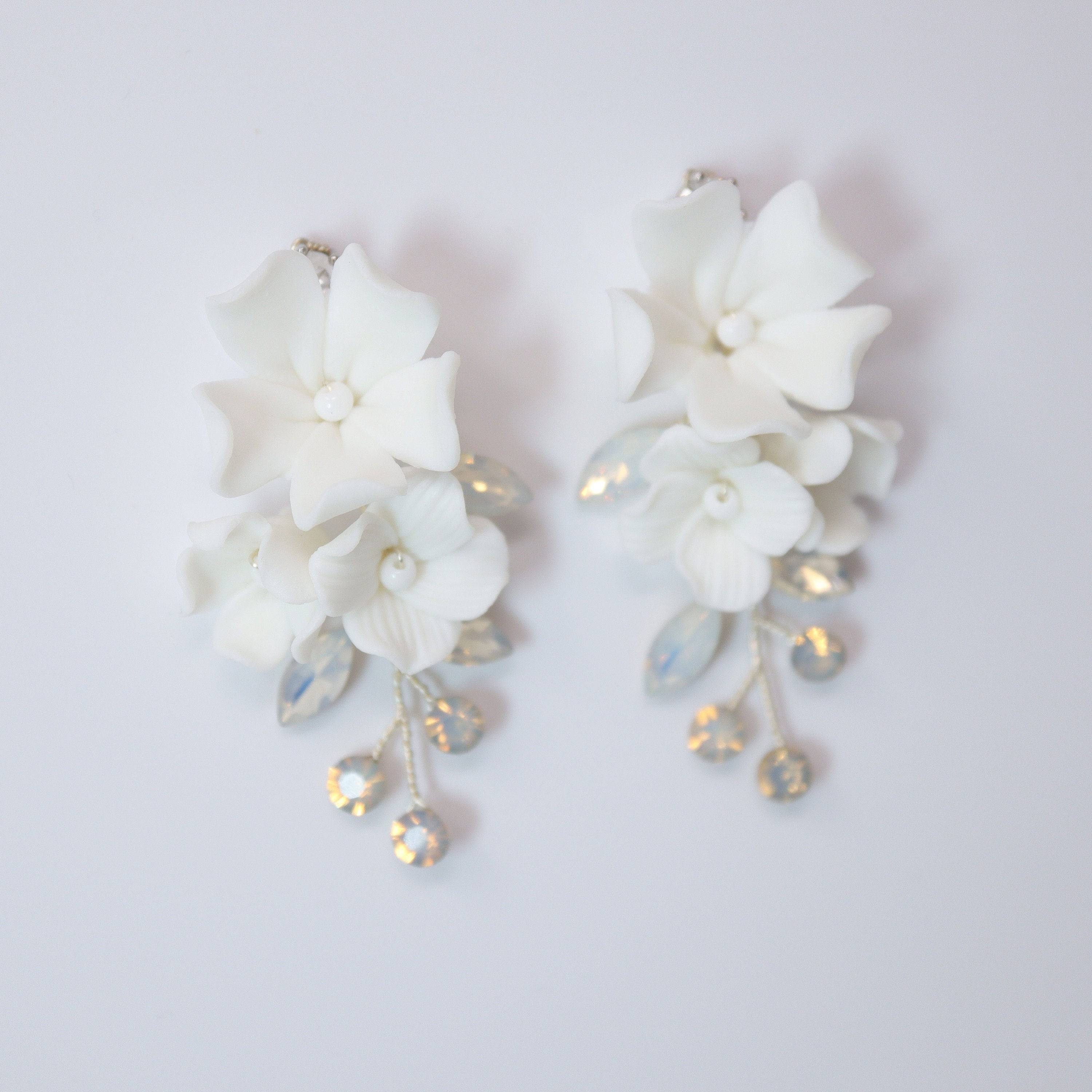 Swarovski Ceramic Opal White Flower Sparkling Crystal Long Bridal Jewelry Crystal Bridal Earrings Statement Earrings Cz