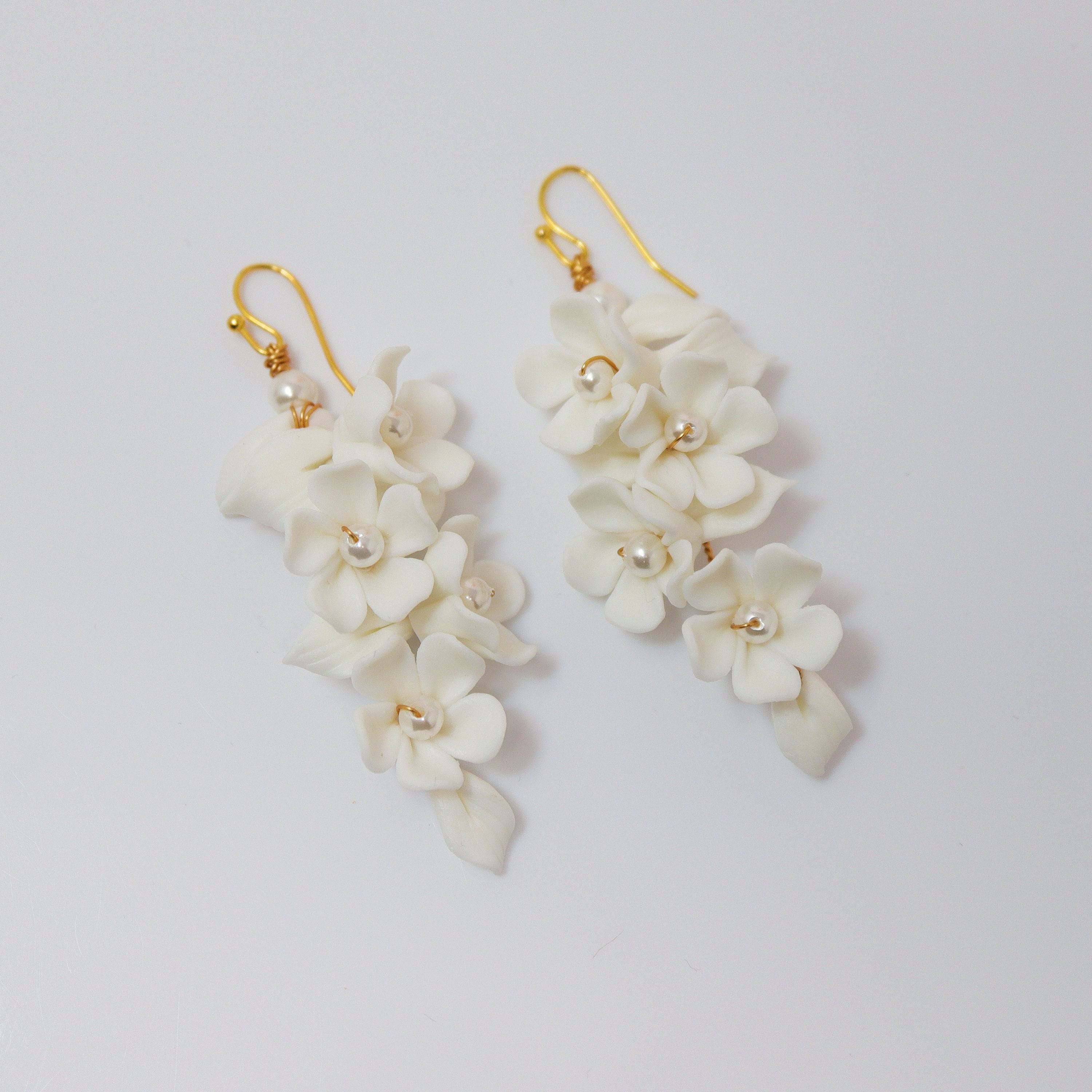 White Flower Petals Pearl Earrings, Long Bridal Jewelry Bridal Earrings Crystal Bridal Earrings Statement Earrings Cz