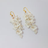 White Flower Petals Pearl Earrings, Long Bridal Jewelry Bridal Earrings Crystal Bridal Earrings Statement Earrings Cz