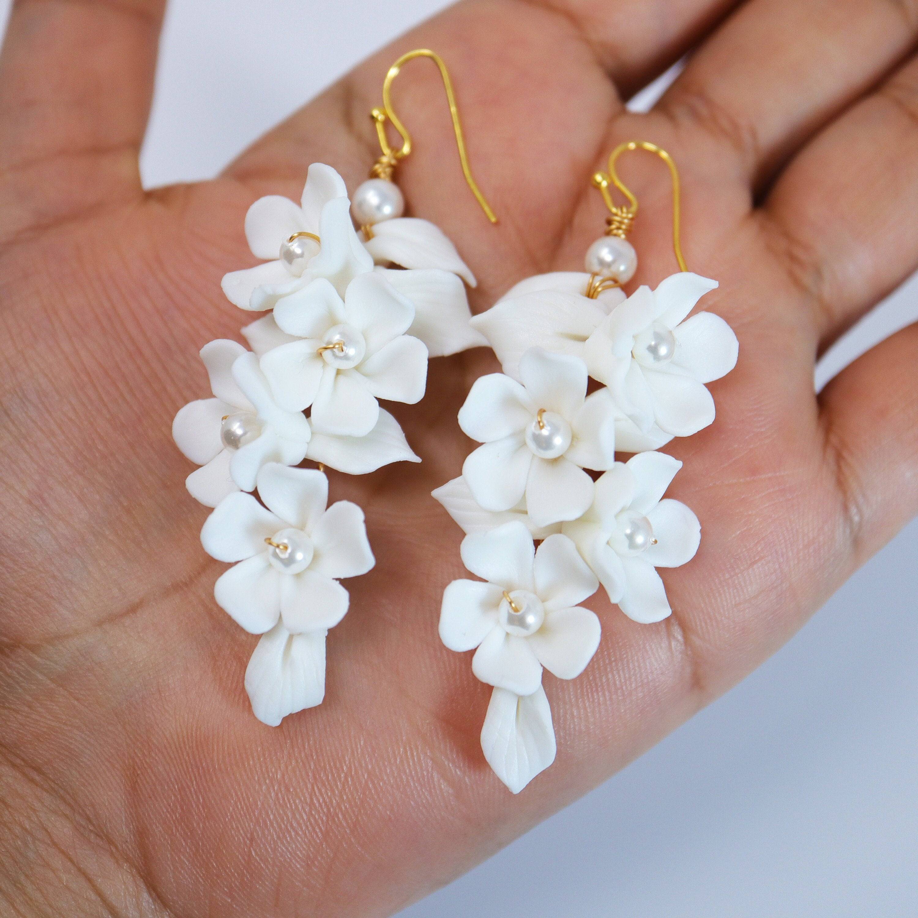 White Flower Petals Pearl Earrings, Long Bridal Jewelry Bridal Earrings Crystal Bridal Earrings Statement Earrings Cz