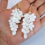 White Flower Petals Pearl Earrings, Long Bridal Jewelry Bridal Earrings Crystal Bridal Earrings Statement Earrings Cz