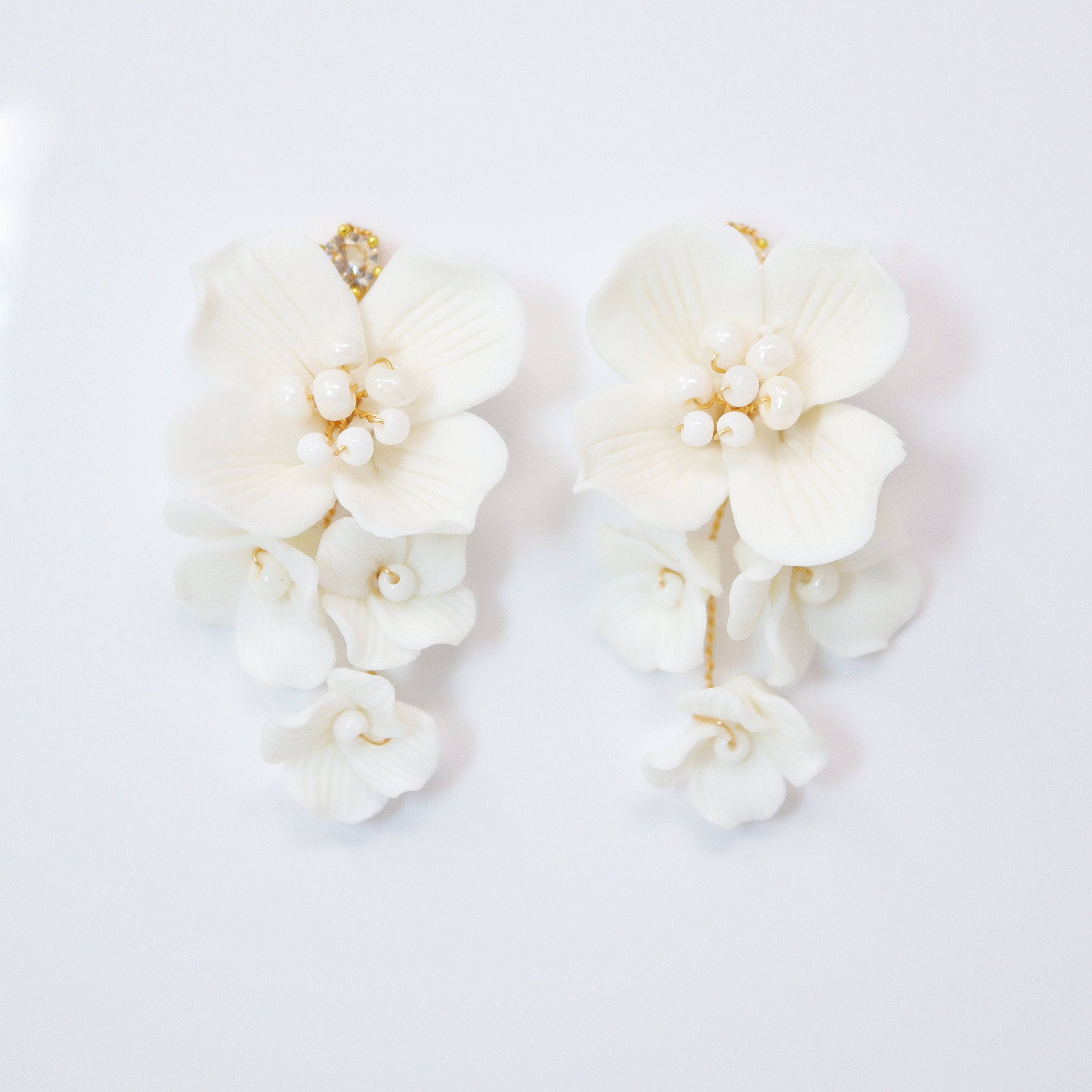 Swarovski Ceramic White Flower Pearl Sparkling Crystal Long Bridal Jewelry Crystal Bridal Earrings Statement Earrings Cz