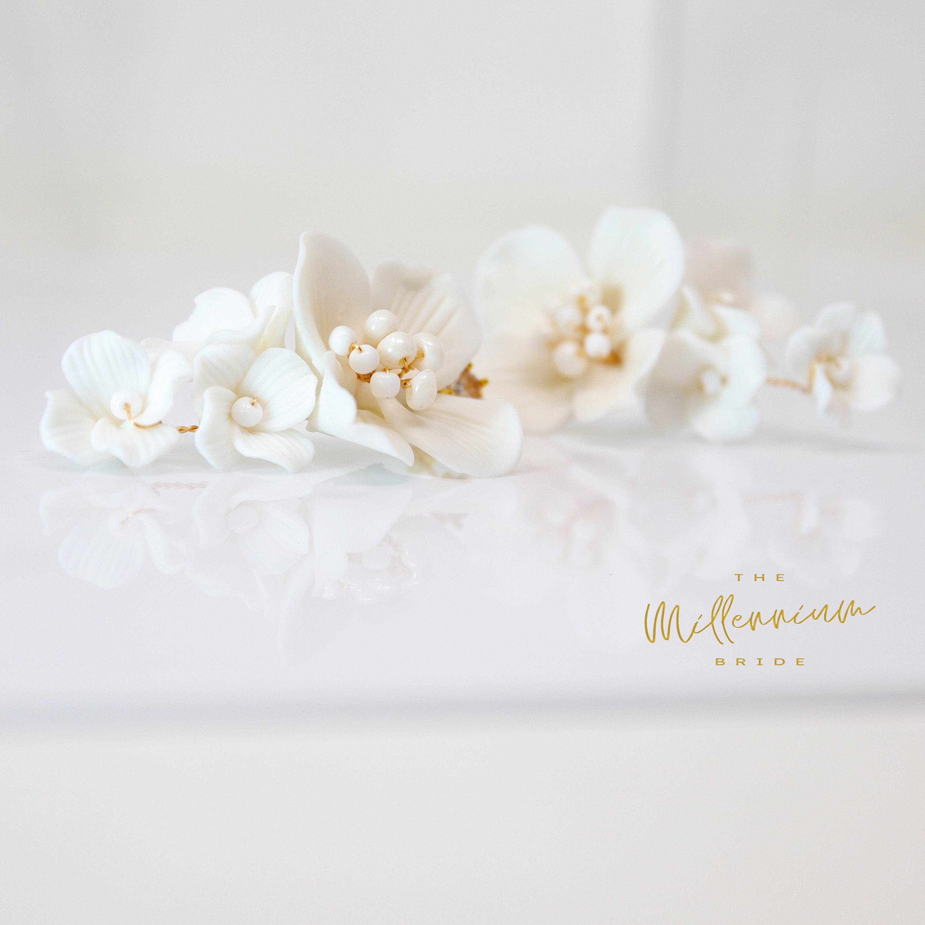 Swarovski Ceramic White Flower Pearl Sparkling Crystal Long Bridal Jewelry Crystal Bridal Earrings Statement Earrings Cz