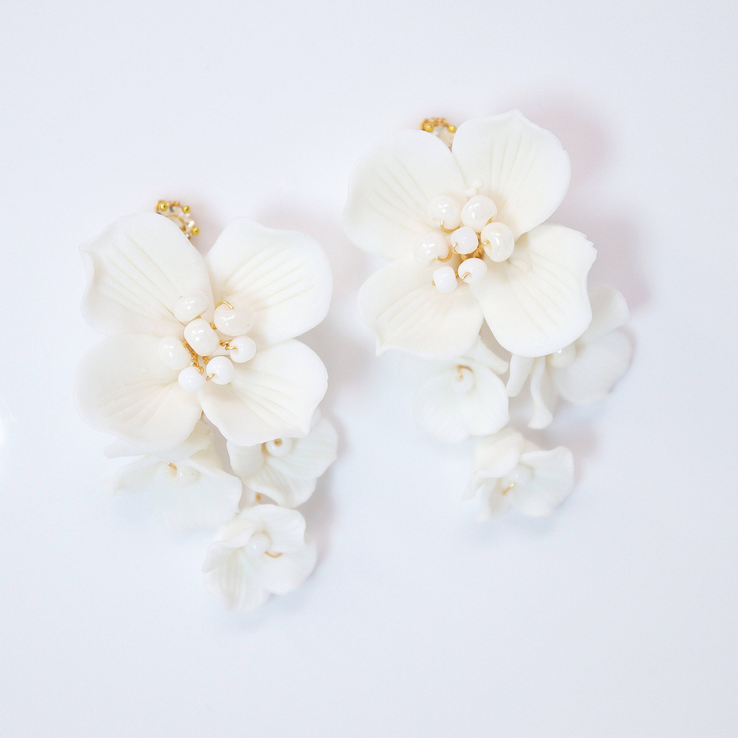 Swarovski Ceramic White Flower Pearl Sparkling Crystal Long Bridal Jewelry Crystal Bridal Earrings Statement Earrings Cz