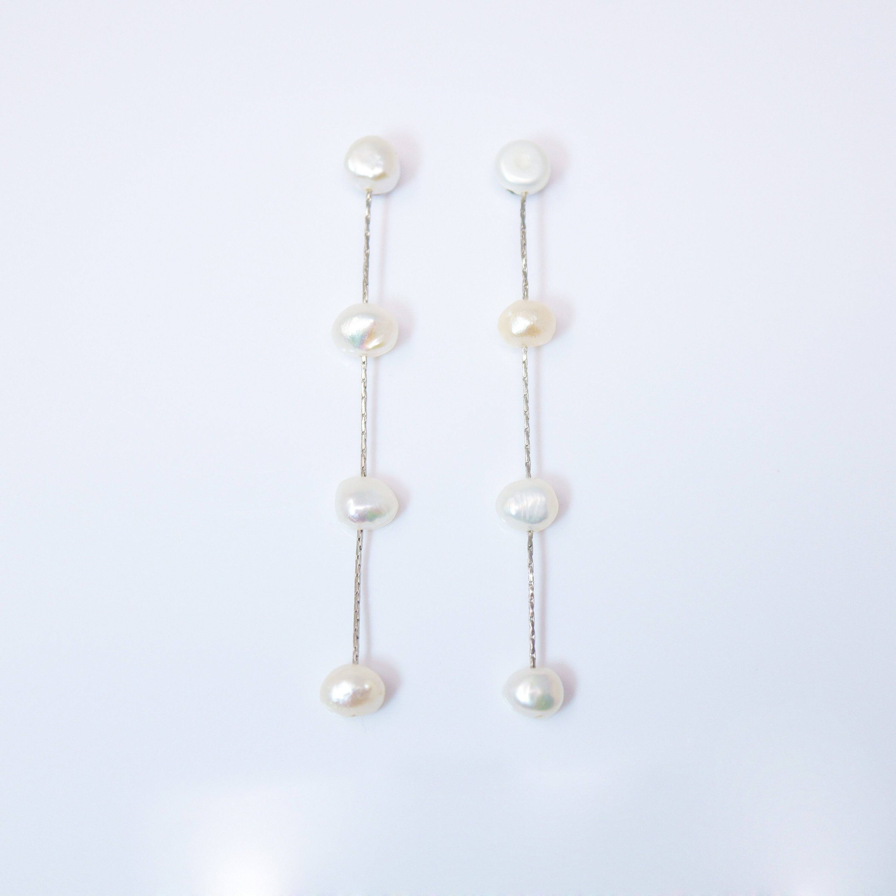 4 Freshwater Cultured pearl Bezel Earrings, 14k gold plated Long Bridal Jewelry, Sterling Silver Pearl Bridal Earrings, Statement Earrings.