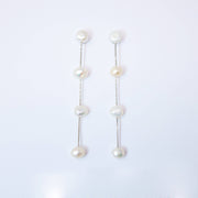 4 Freshwater Cultured pearl Bezel Earrings, 14k gold plated Long Bridal Jewelry, Sterling Silver Pearl Bridal Earrings, Statement Earrings.