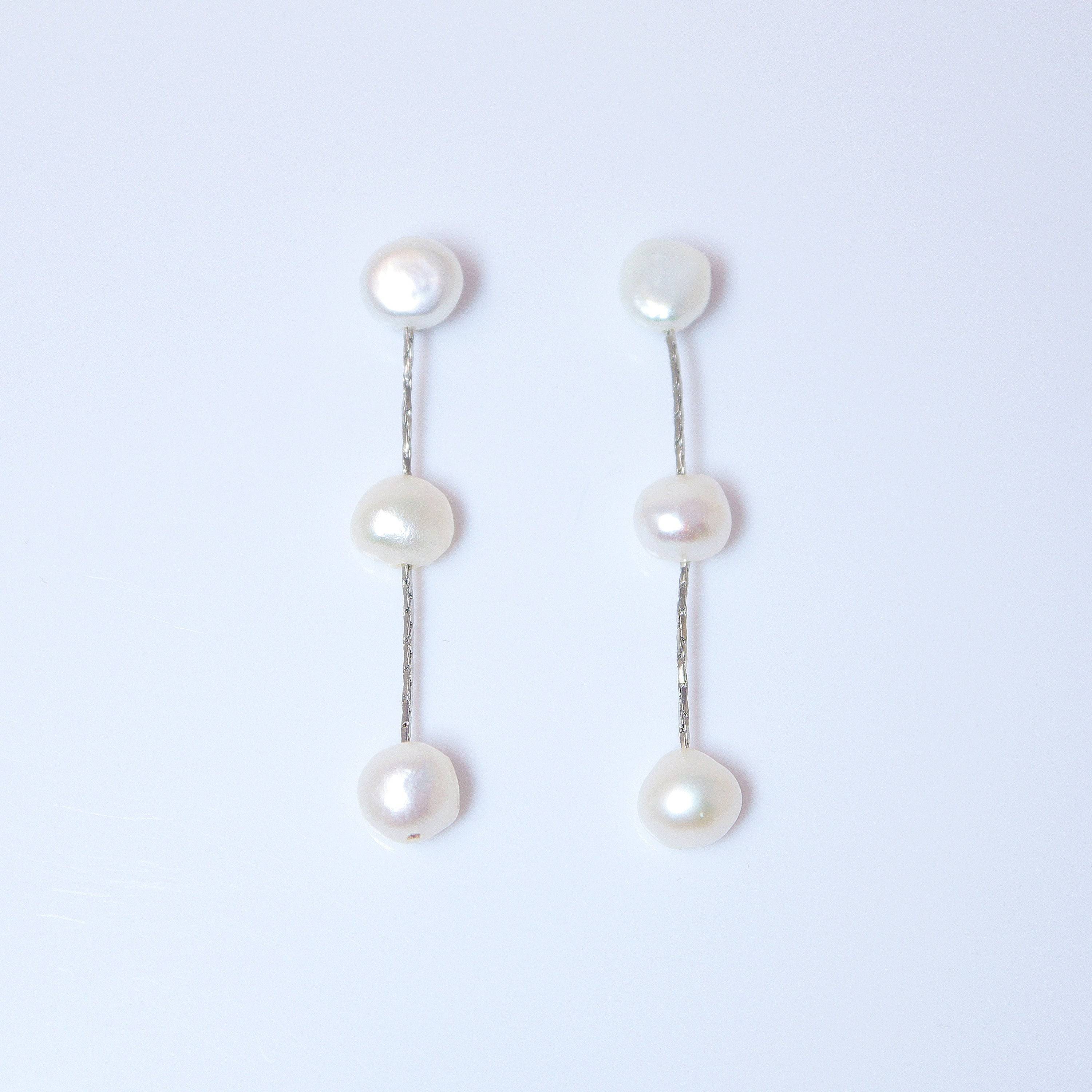 3 Freshwater Cultured pearl Bezel Earrings, Long Bridal Jewelry, Sterling Silver Pearl Bridal Earrings, Statement Earrings.